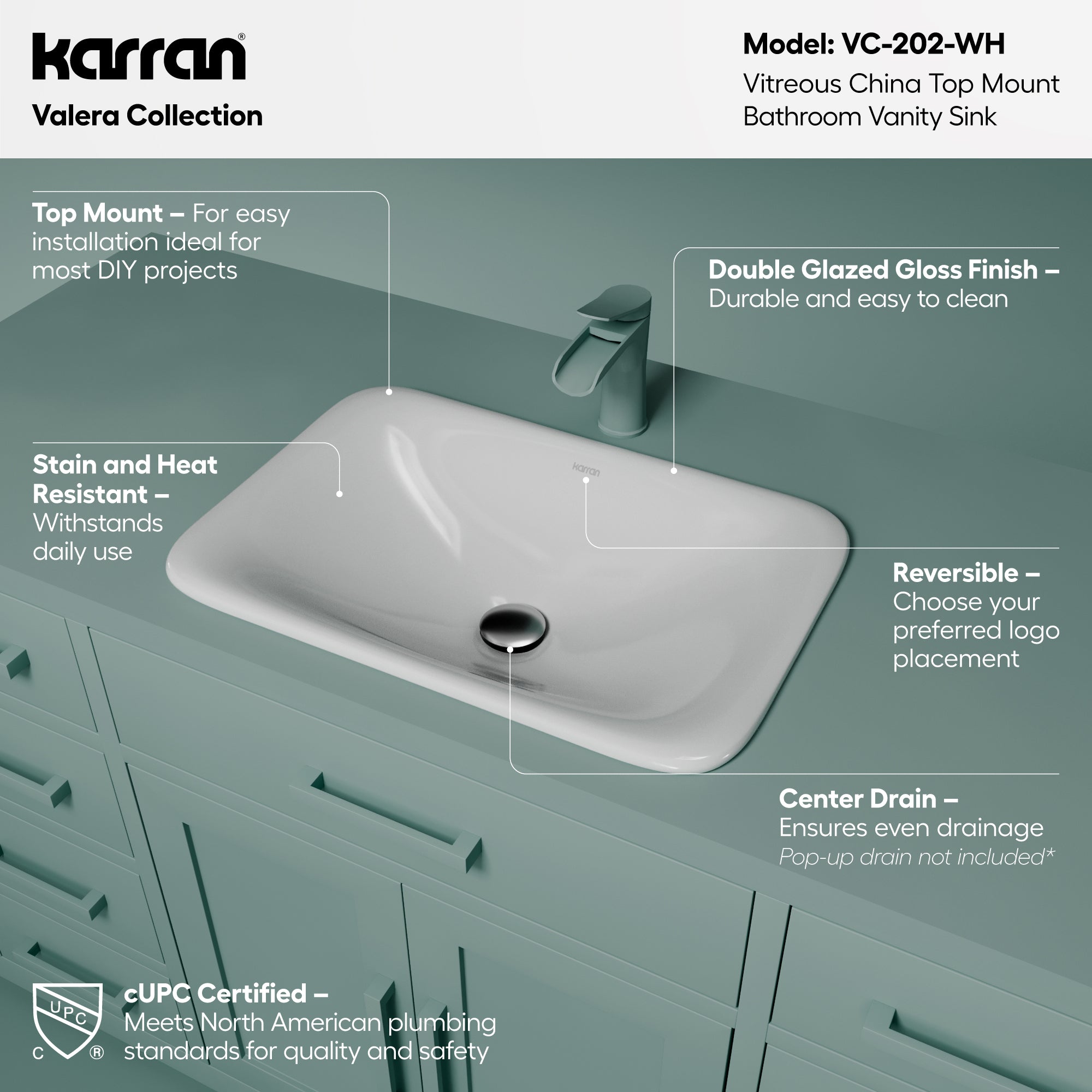 Alternative View of Karran Valera 21.125" x 14.5" x 4" Rectangular Vessel Vitreous China ADA Bathroom Sink, White, VC-202-WH