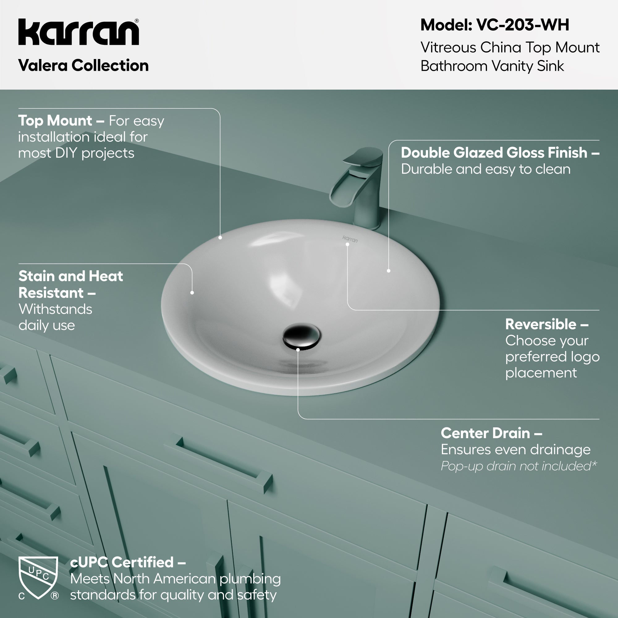 Alternative View of Karran Valera 17.75" x 17.75" x 3.5" Round Vessel Vitreous China ADA Bathroom Sink, White, VC-203-WH