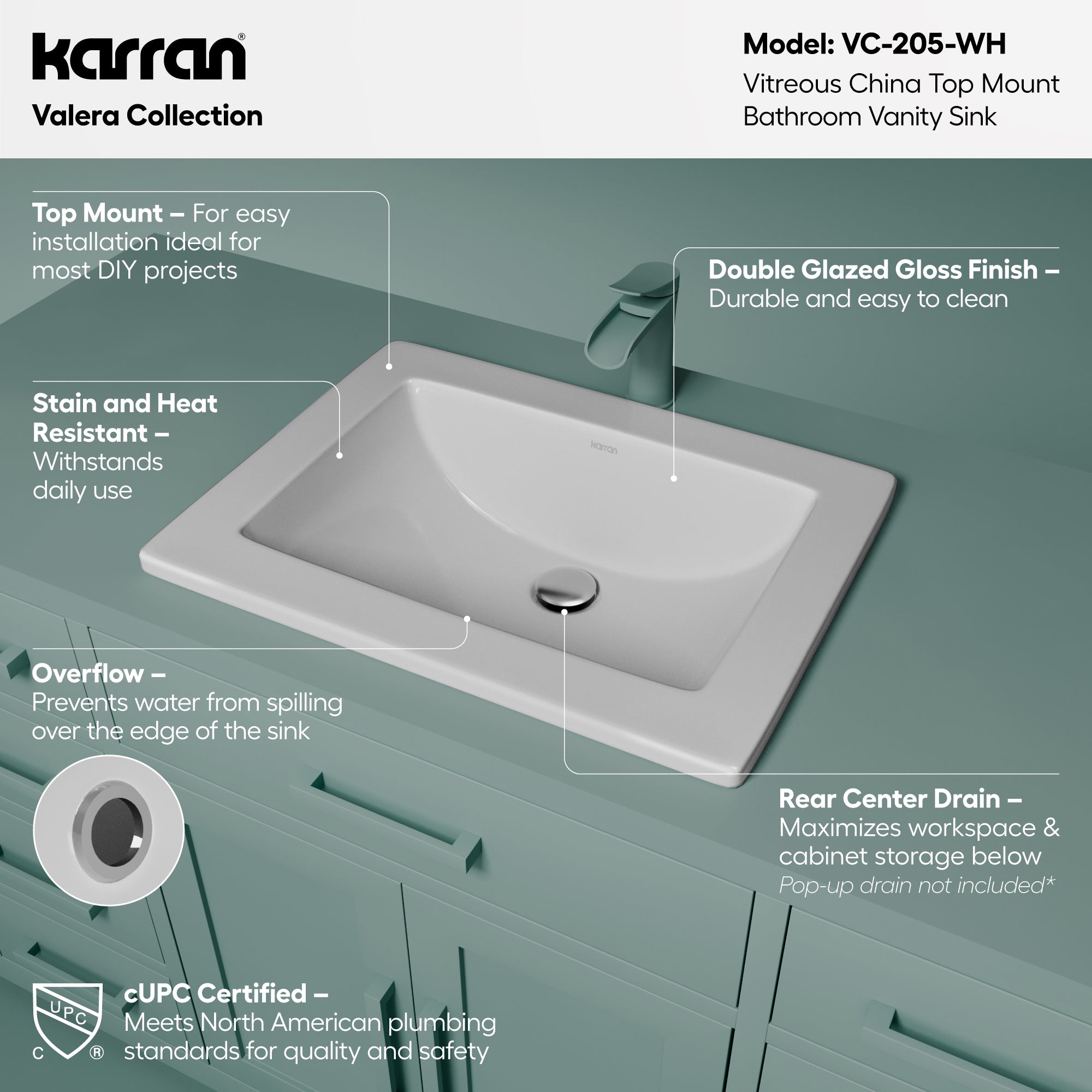 Karran Valera 17.125" x 23.25" Rectangular Drop In/Topmount Vitreous China ADA Bathroom Sink, White, VC-205-WH