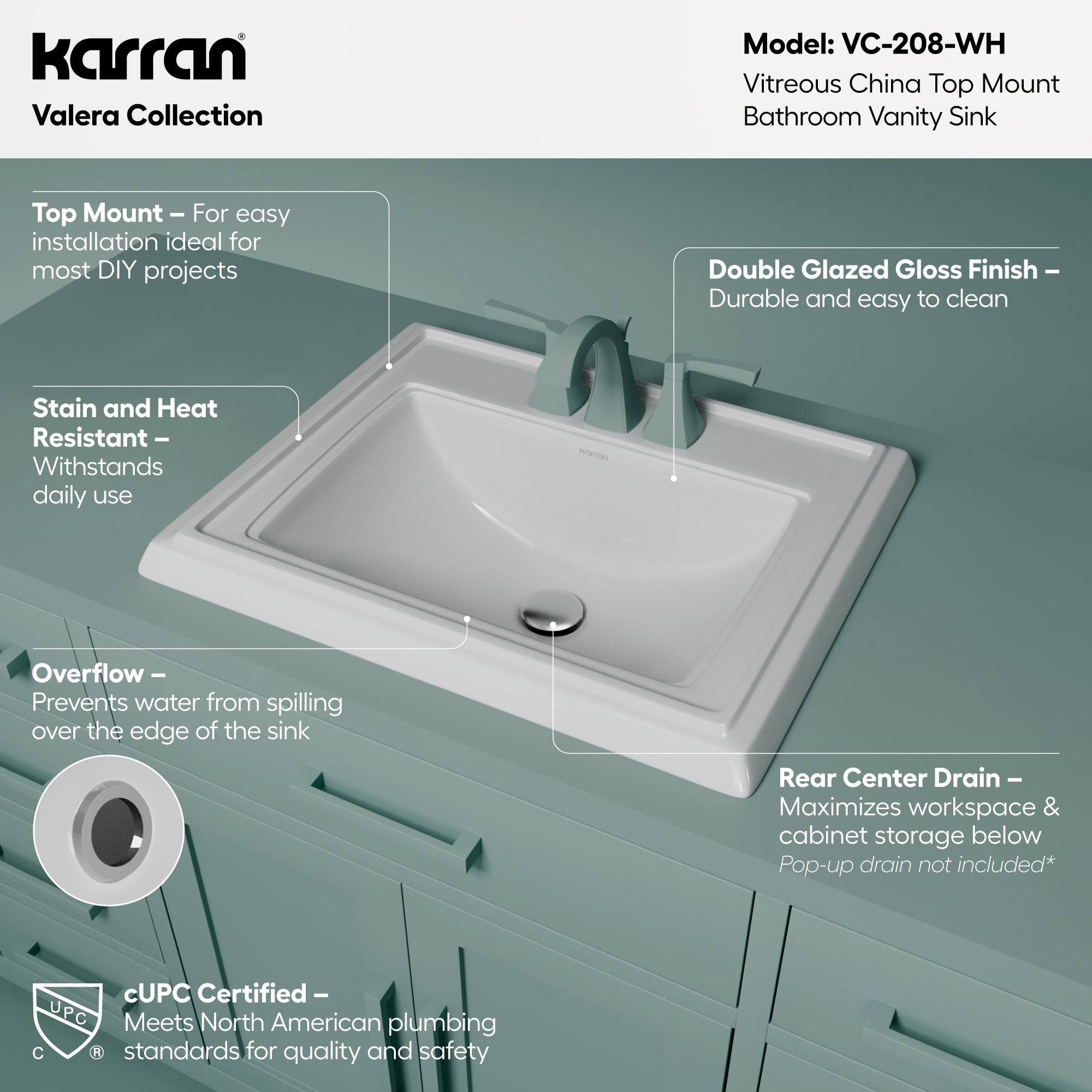 Karran Valera 18.25" x 23" Rectangular Drop In/Topmount Vitreous China ADA Bathroom Sink, White, VC-208-WH