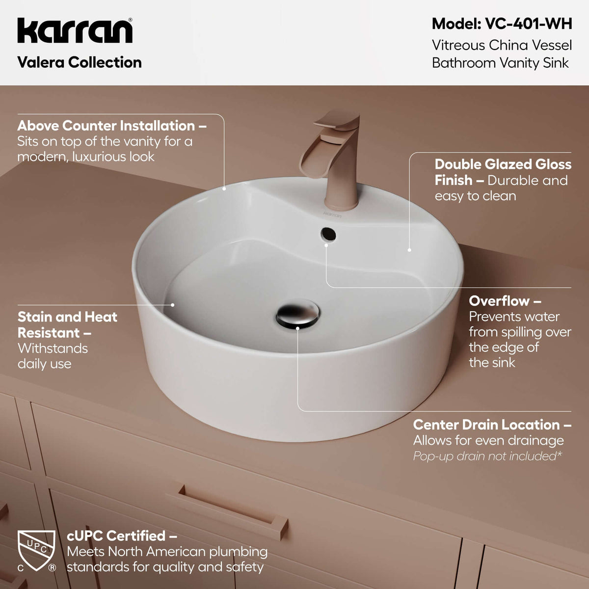 Alternative View of Karran Valera 18.125" x 18.125" x 4.25" Round Vessel Vitreous China ADA Bathroom Sink, White, VC-401-WH