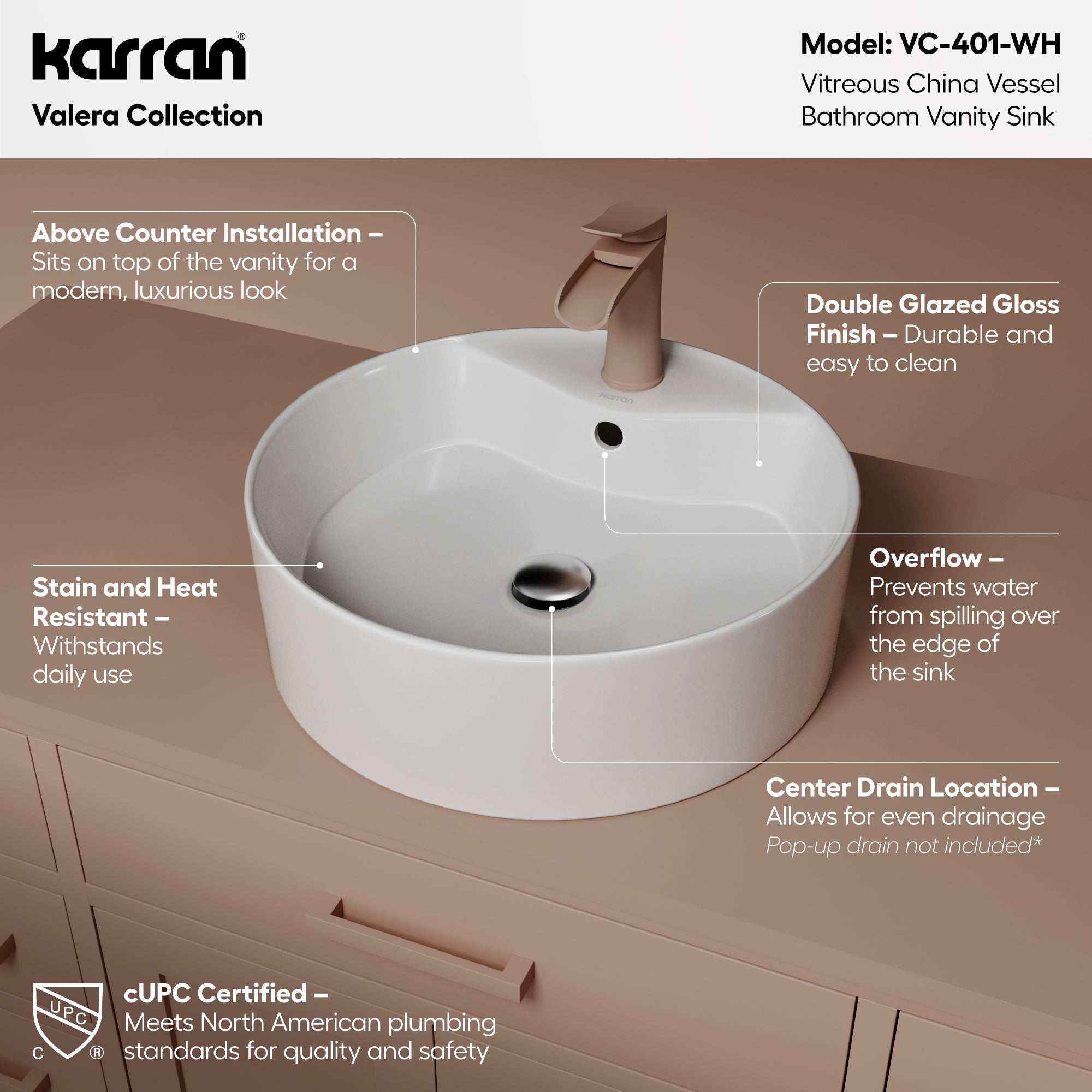 Alternative View of Karran Valera 18.125" x 18.125" x 4.25" Round Vessel Vitreous China ADA Bathroom Sink, White, VC-401-WH