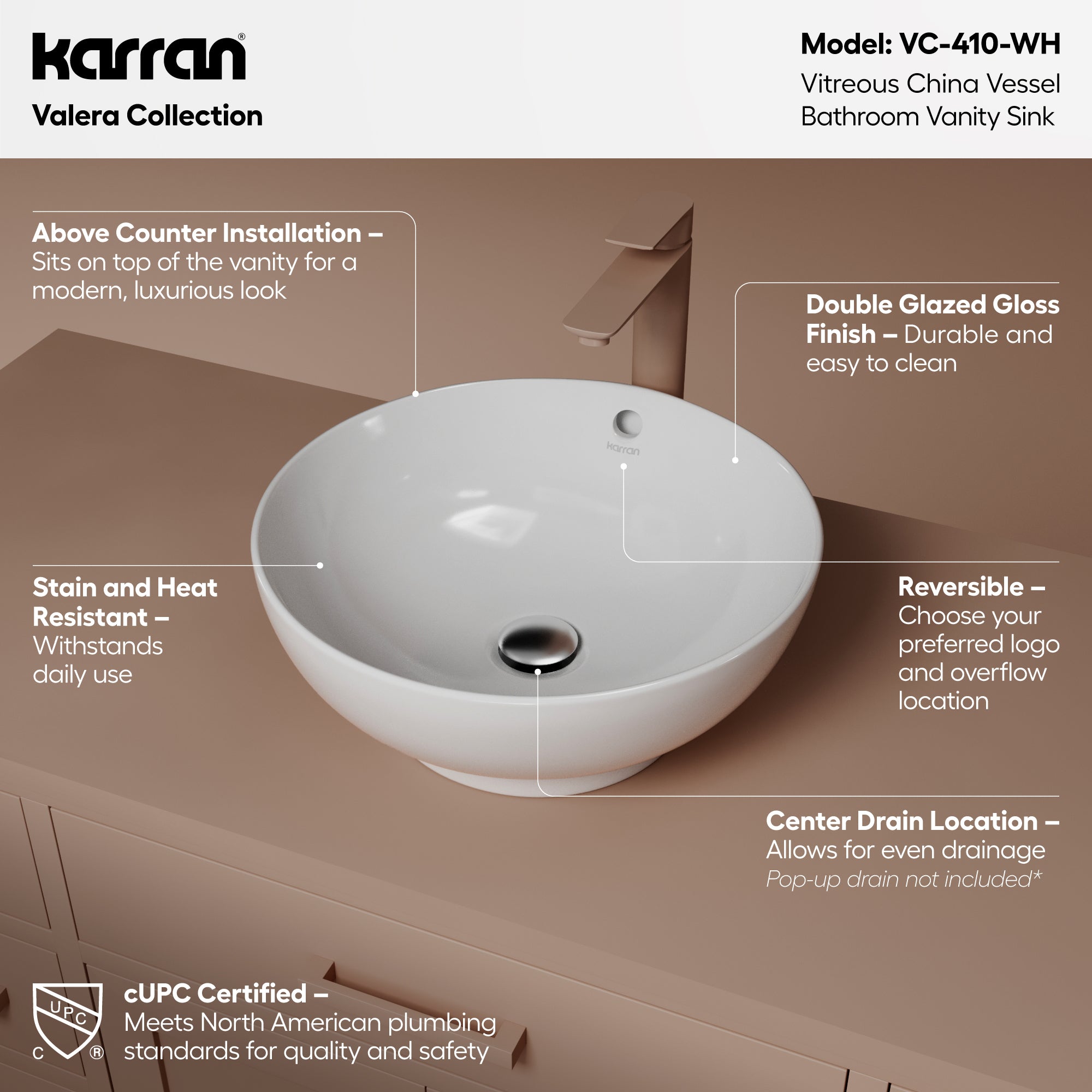 Alternative View of Karran Valera 16.625" x 16.625" x 5" Round Vessel Vitreous China ADA Bathroom Sink, White, VC-410-WH