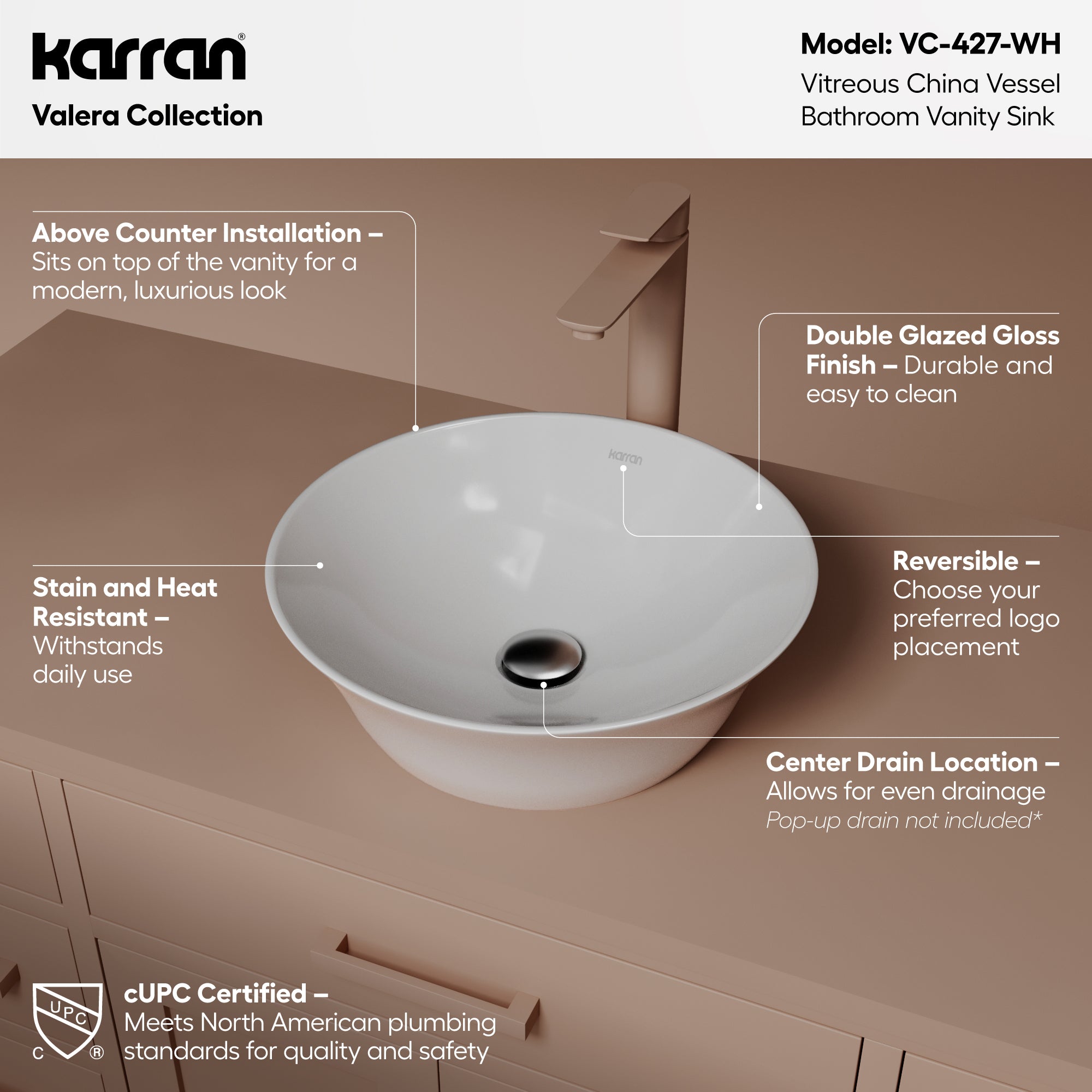 Alternative View of Karran Valera 16.5" x 16.5" x 4" Round Vessel Vitreous China ADA Bathroom Sink, White, VC-427-WH