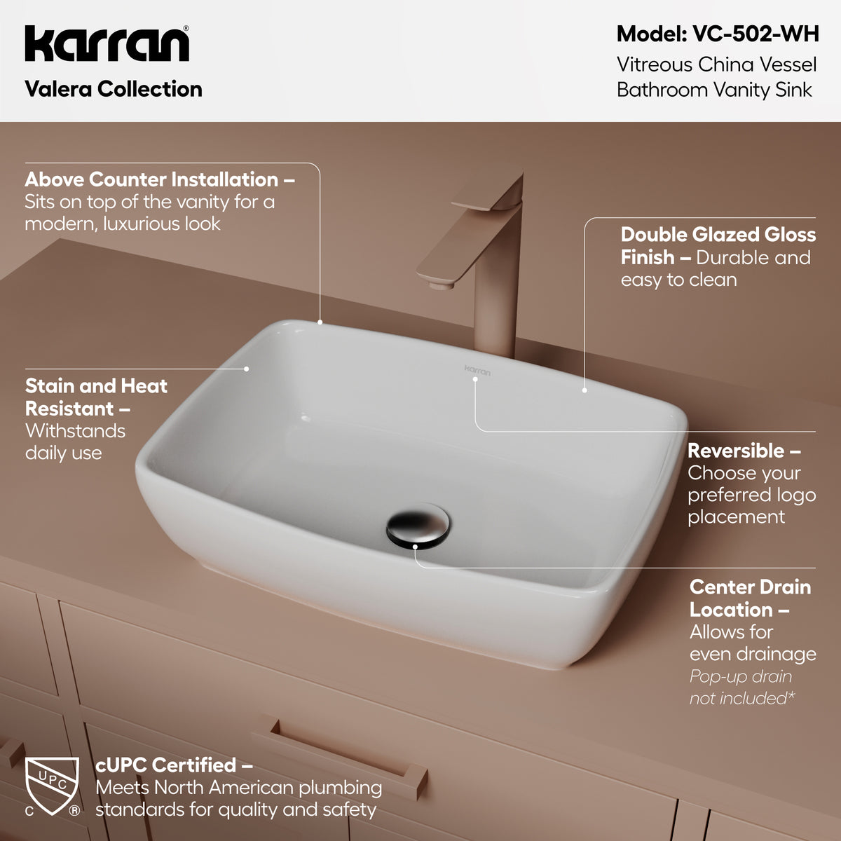 Alternative View of Karran Valera 19" x 13.25" x 4.5" Rectangular Vessel Vitreous China ADA Bathroom Sink, White, VC-502-WH