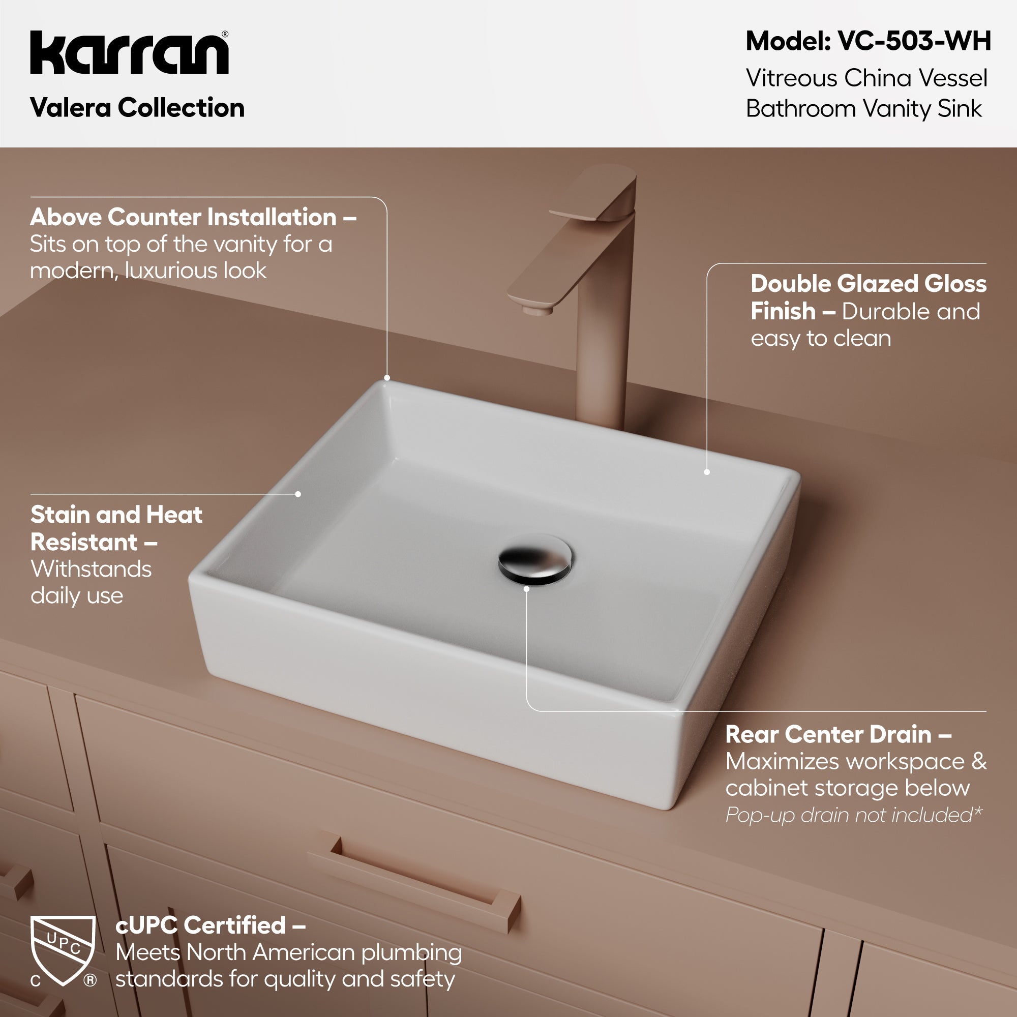 Alternative View of Karran Valera 15.5" x 13" x 3.25" Rectangular Vessel Vitreous China ADA Bathroom Sink, White, VC-503-WH