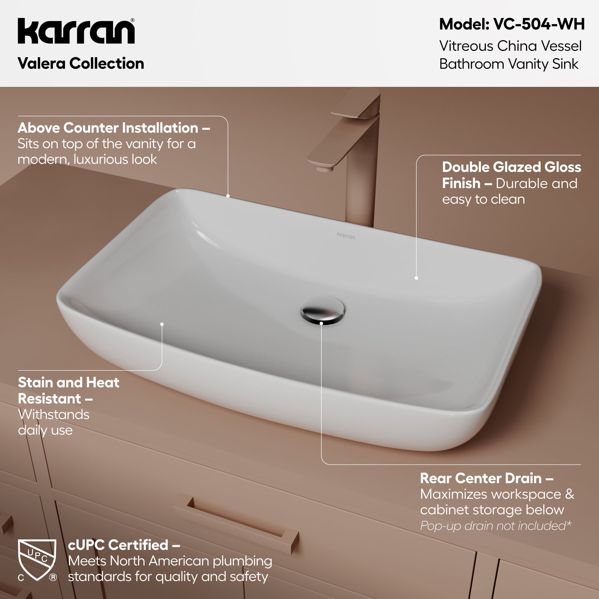 Alternative View of Karran Valera 24" x 15.5" x 4" Rectangular Vessel Vitreous China ADA Bathroom Sink, White, VC-504-WH