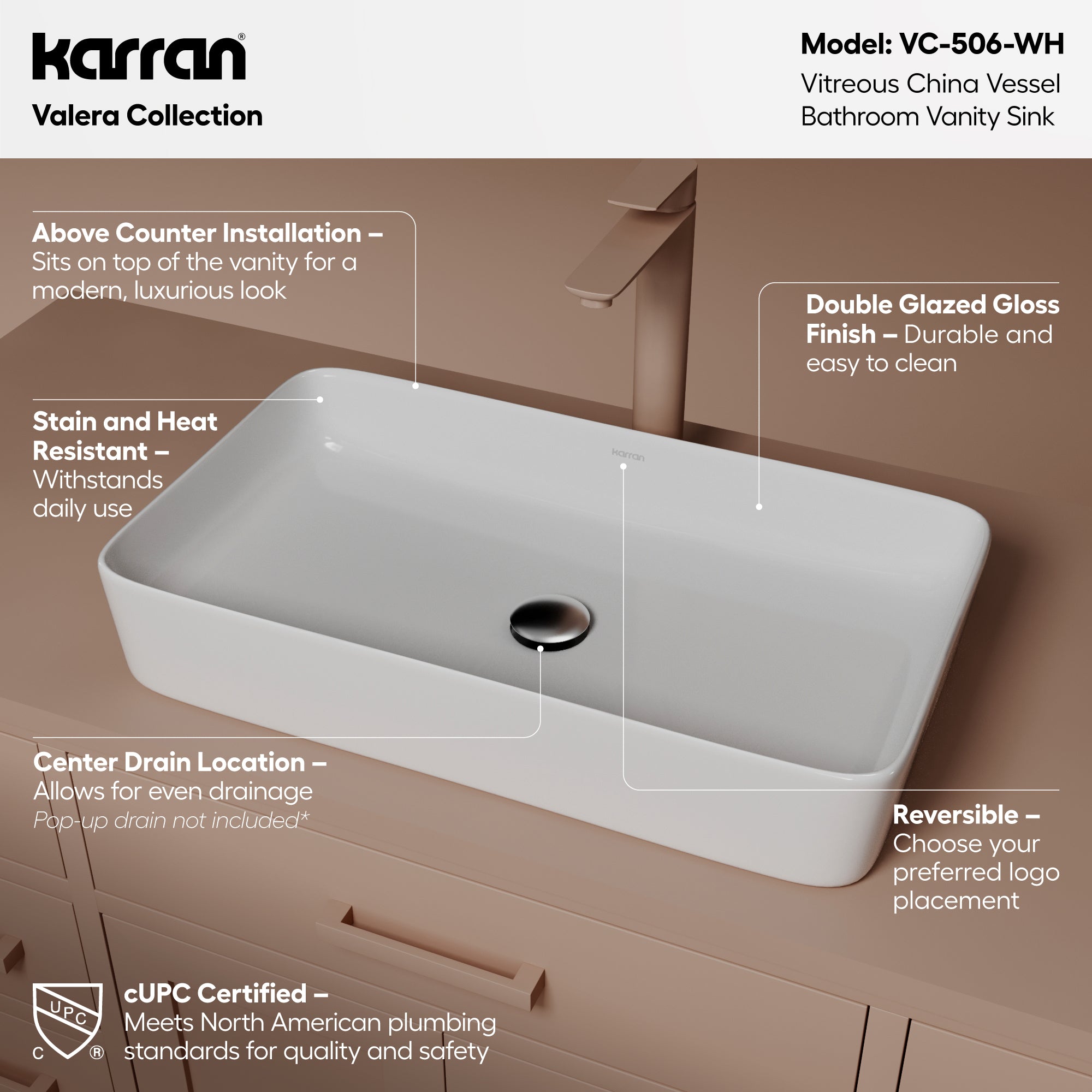 Alternative View of Karran Valera 24.25" x 14" x 3.5" Rectangular Vessel Vitreous China ADA Bathroom Sink, White, VC-506-WH