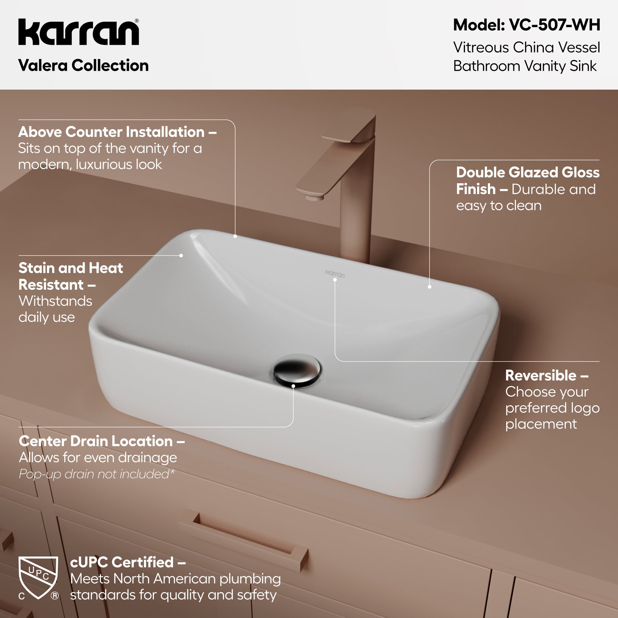 Alternative View of Karran Valera 19" x 11.5" x 3.75" Rectangular Vessel Vitreous China ADA Bathroom Sink, White, VC-507-WH