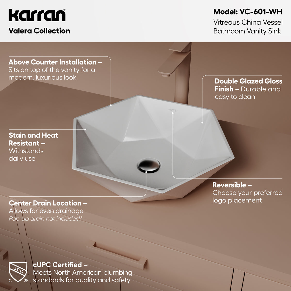 Alternative View of Karran Valera 18.75" x 16.375" x 4" Hexagon Vessel Vitreous China ADA Bathroom Sink, White, VC-601-WH