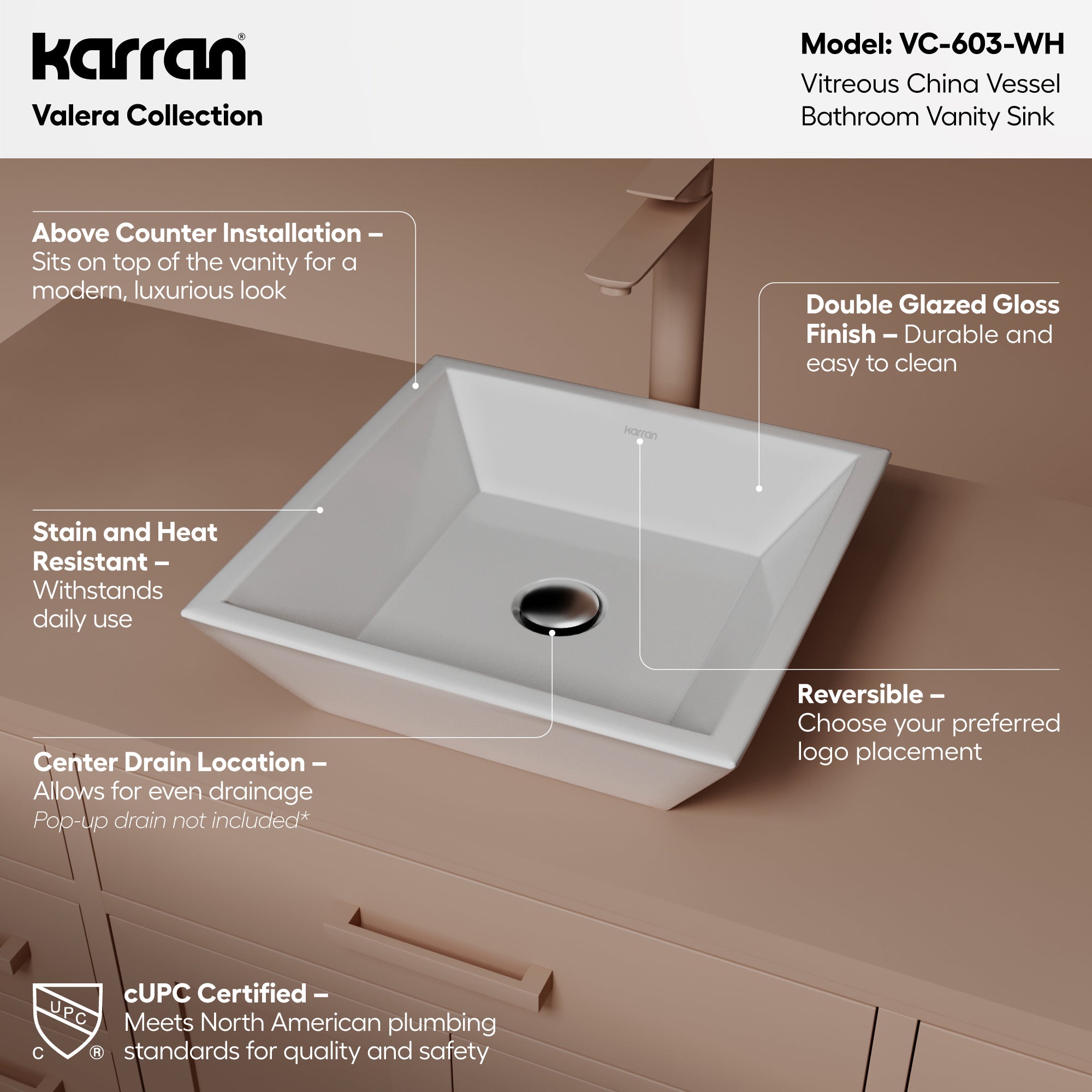 Alternative View of Karran Valera 16.25" x 16.25" x 3.75" Square Vessel Vitreous China ADA Bathroom Sink, White, VC-603-WH
