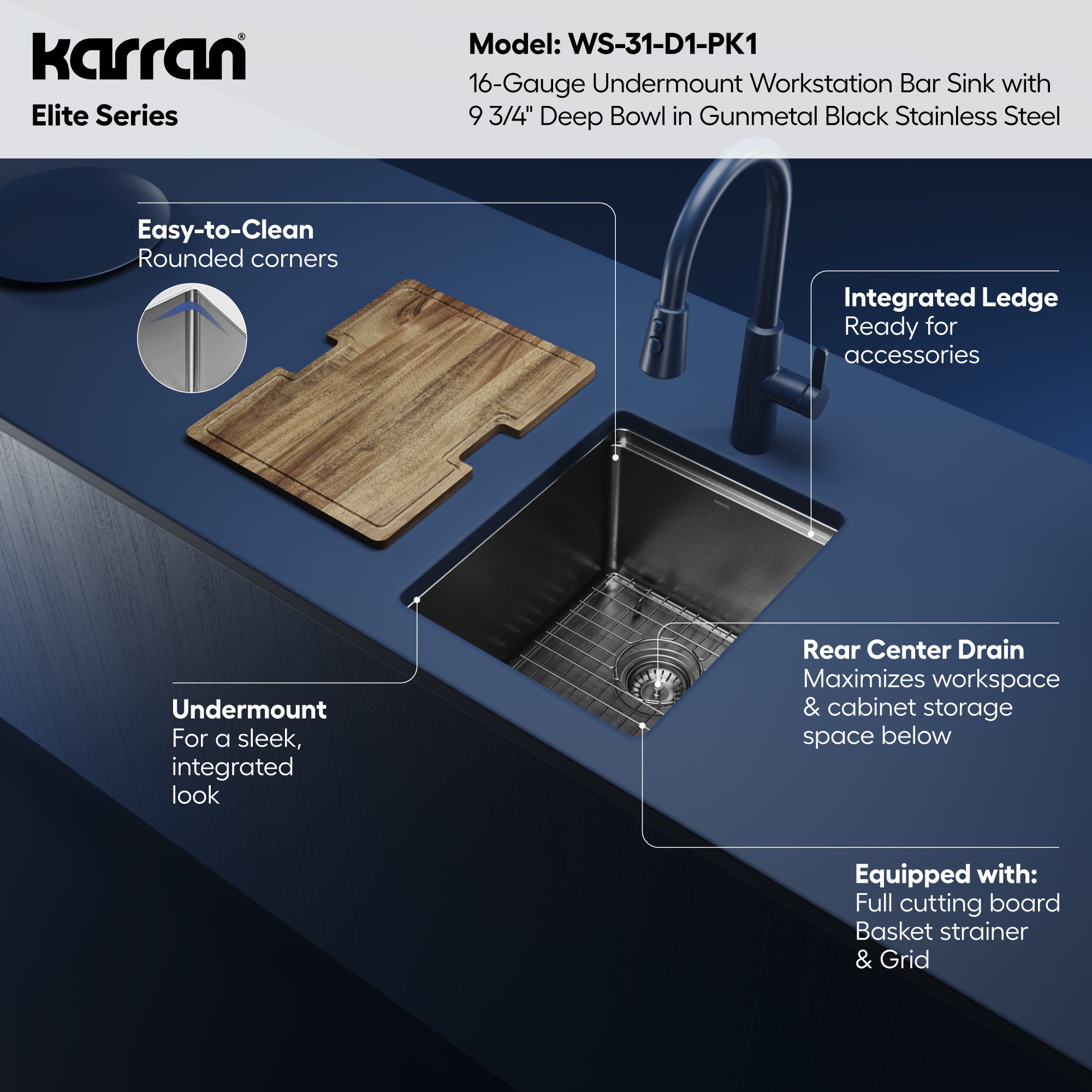 Karran elite workstation 15 stainless steel kitchen sink gunmetal black informational image