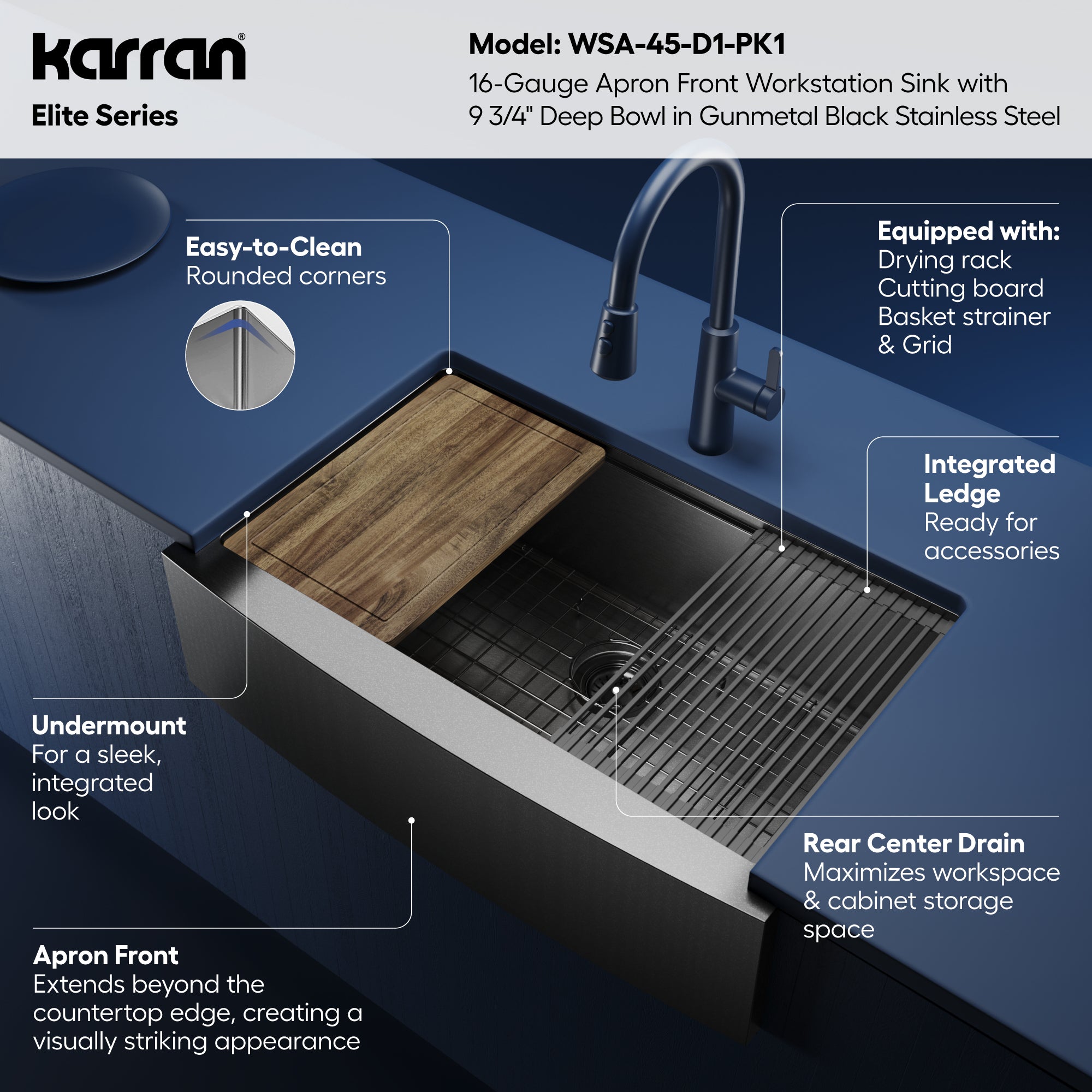 Karran elite workstation 33 stainless steel farmhouse sink gunmetal black informational image