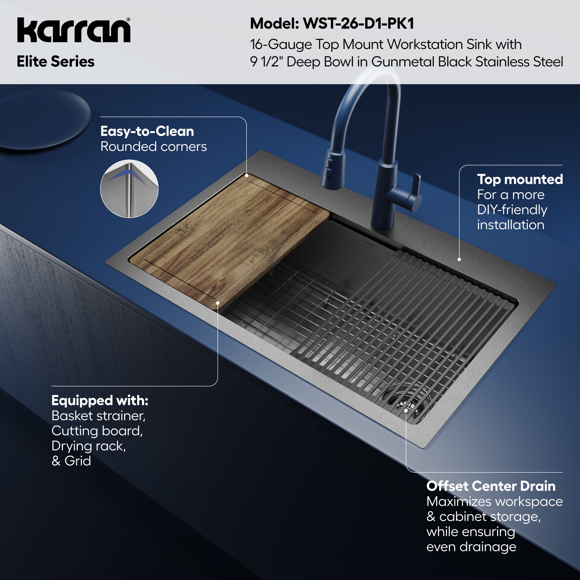 Karran elite workstation 33 stainless steel kitchen sink gunmetal black informational image