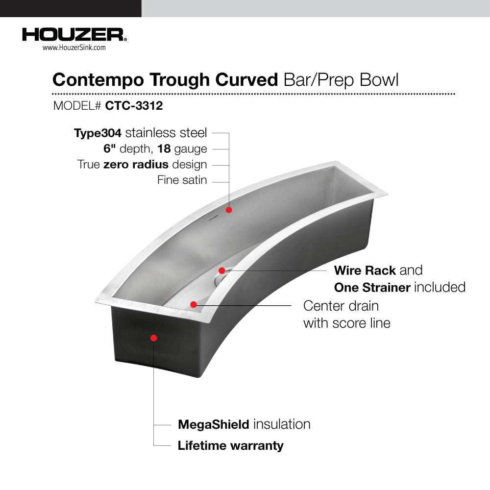 Alternate Image for Houzer 33" Stainless Steel Undermount Bar/Prep Sink, Curved, CTC-3312