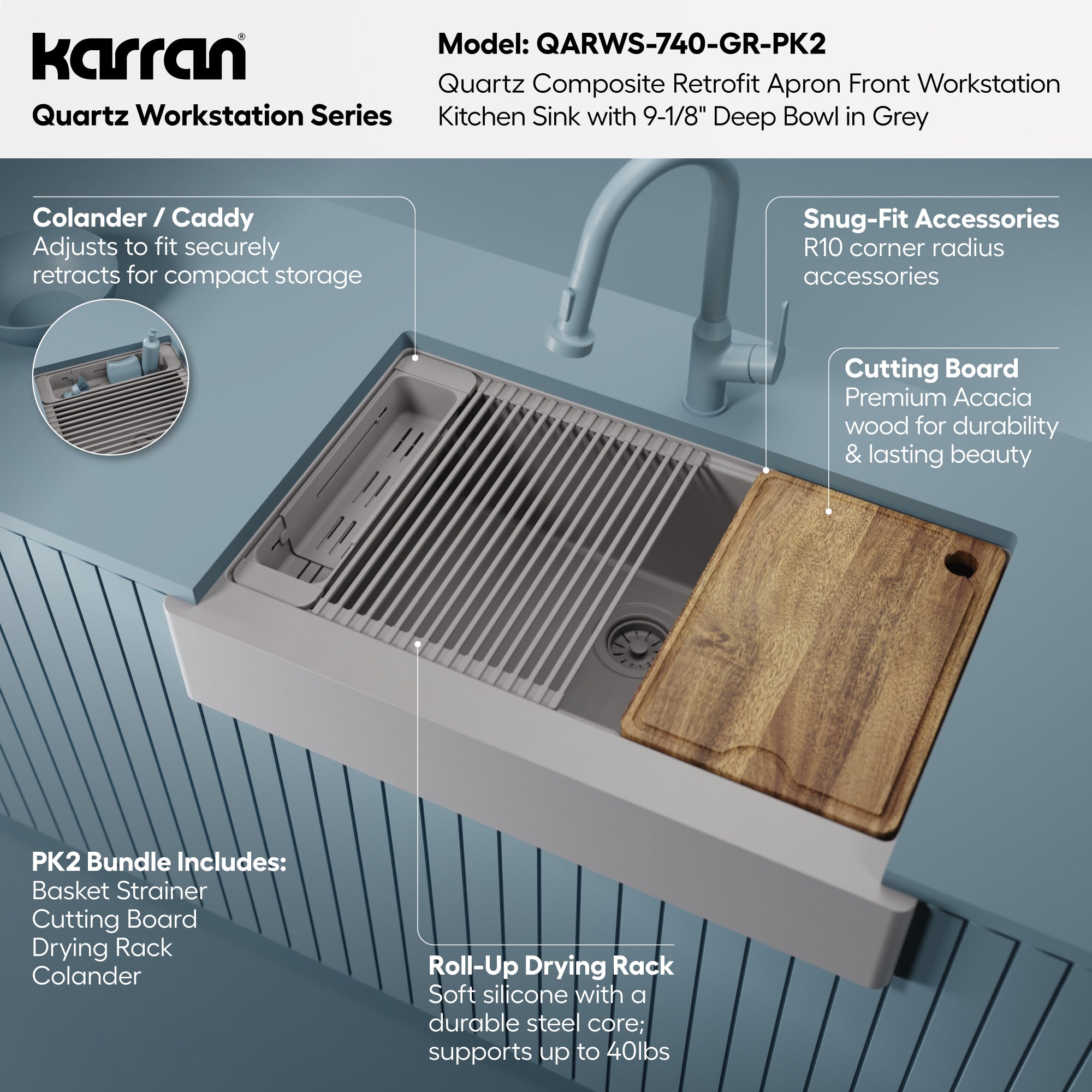 Karran 34 quartz composite retrofit workstation farmhouse sink grey informational image