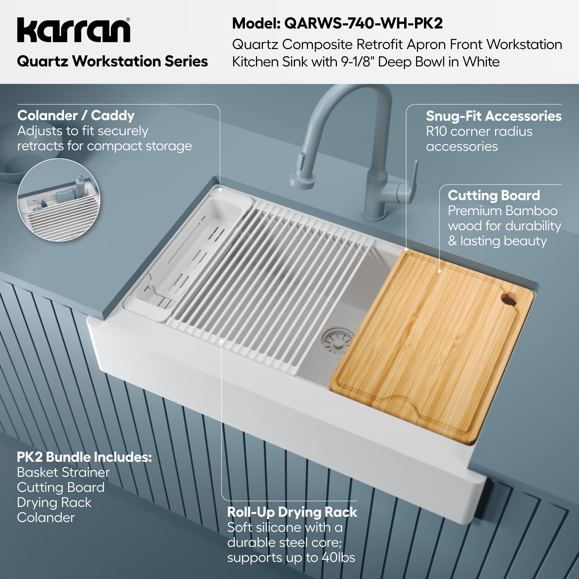 Karran 34 quartz composite retrofit workstation farmhouse sink white informational image