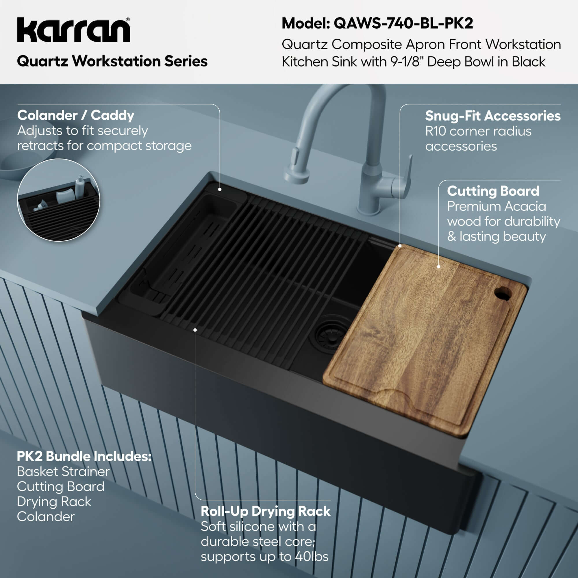 Karran 34 quartz composite workstation farmhouse sink black informational image