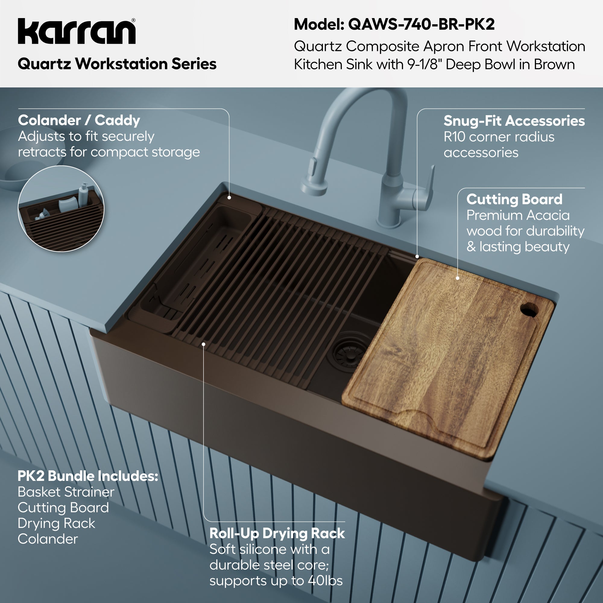 Karran 34 quartz composite workstation farmhouse sink brown informational image