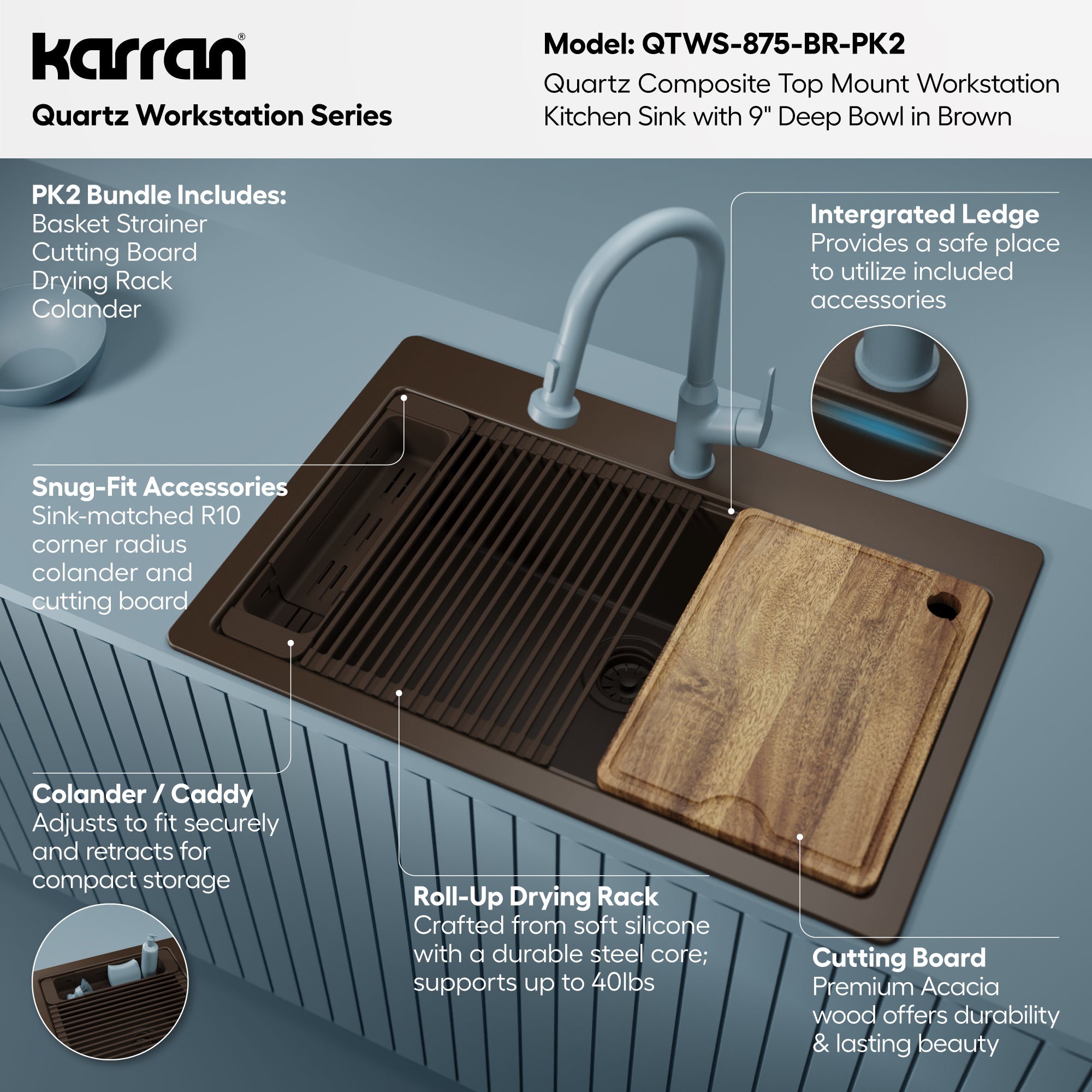 Karran 33 quartz composite workstation kitchen sink brown informational image