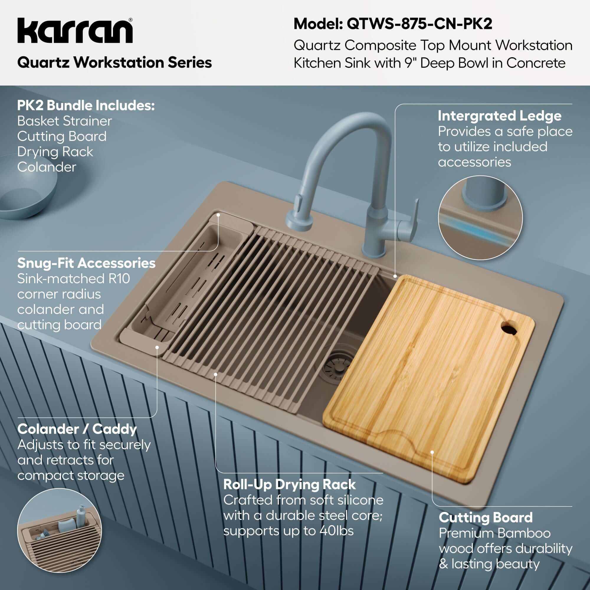 Karran 33 quartz composite workstation kitchen sink concrete informational image