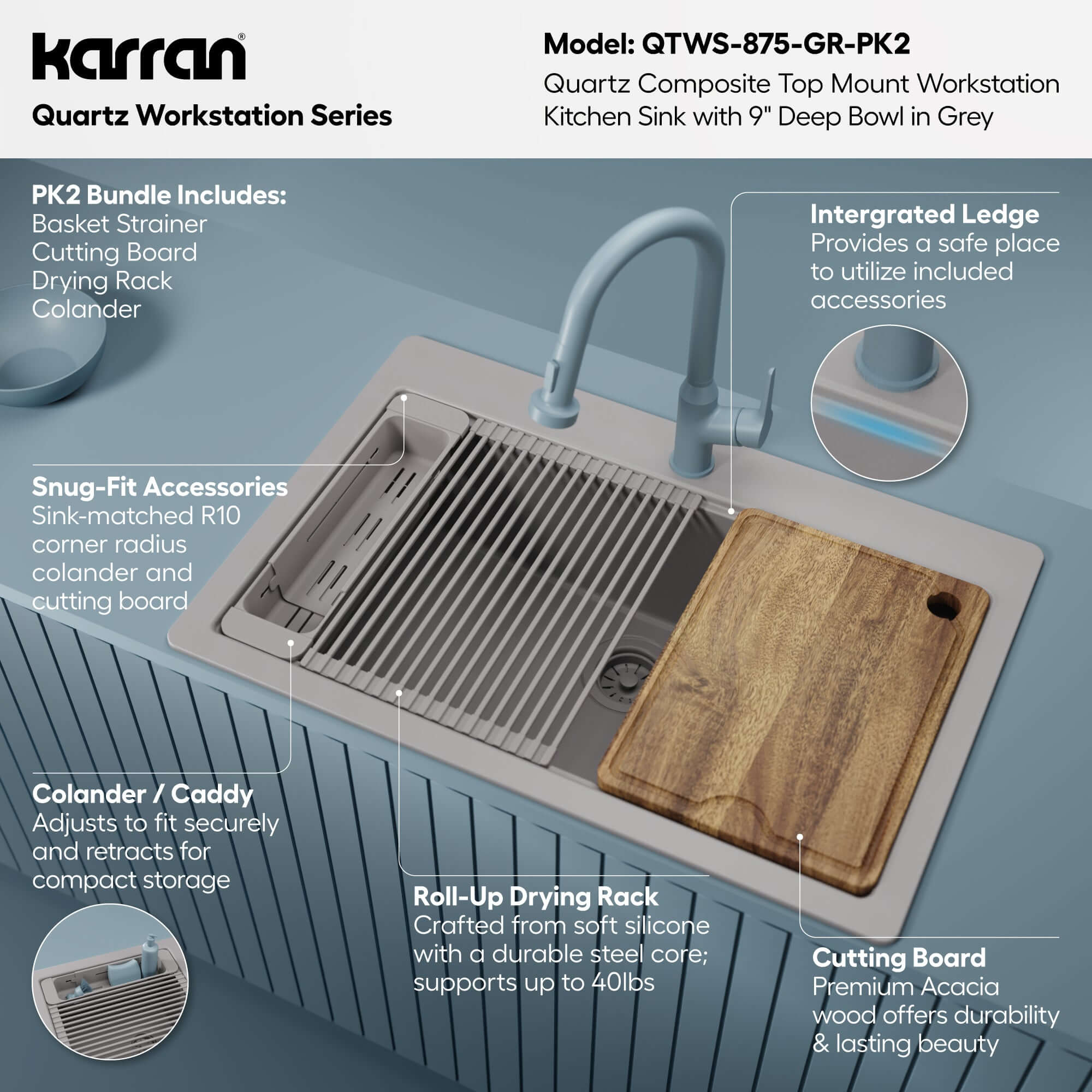Karran 33 quartz composite workstation kitchen sink grey informational image
