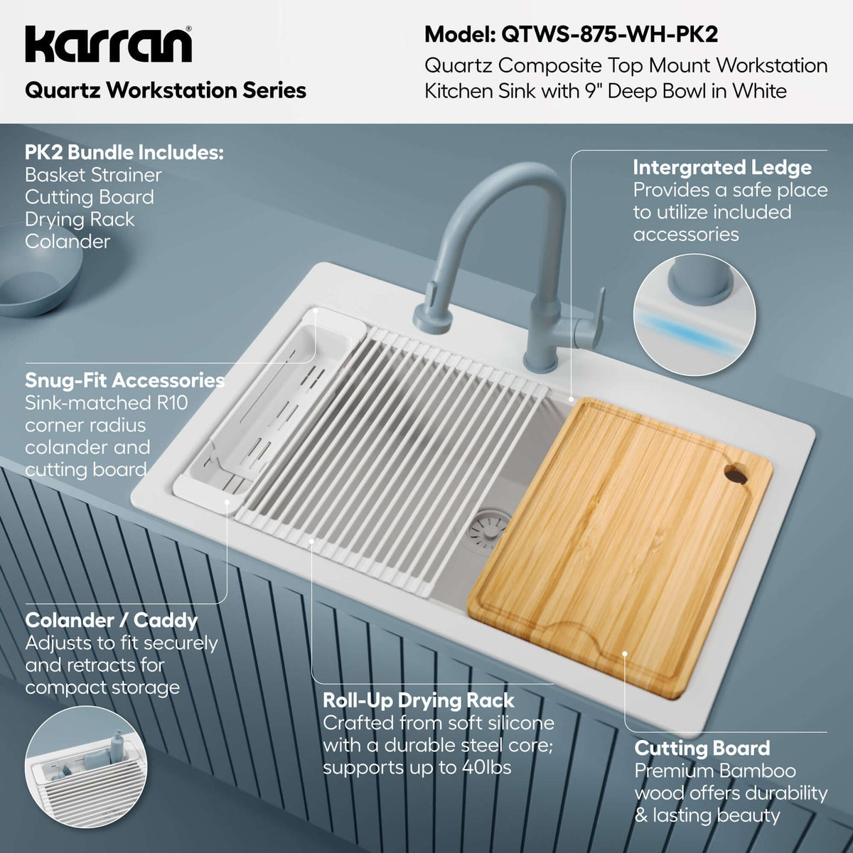 Karran 33 quartz composite workstation kitchen sink white informational image