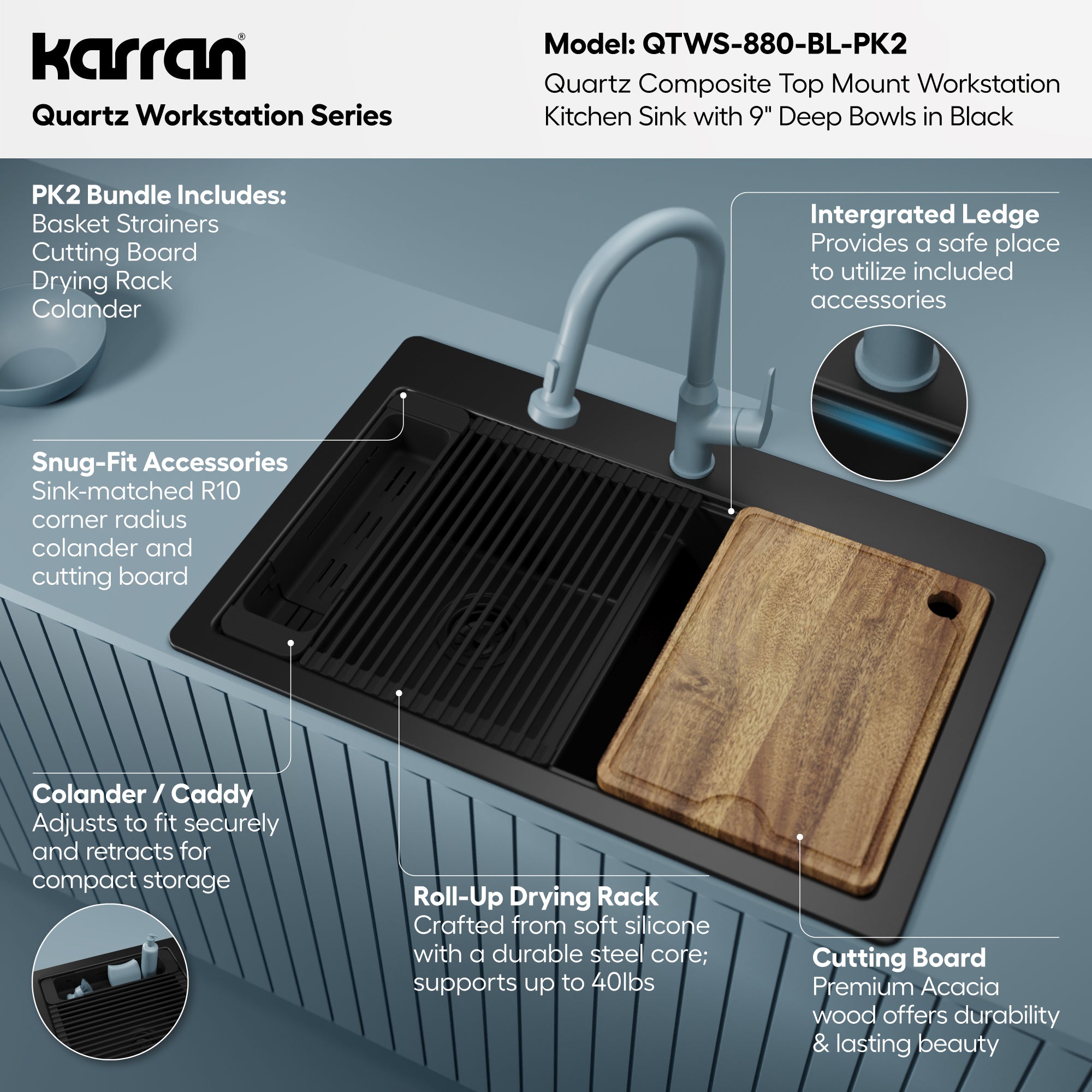 Karran 33 quartz composite workstation kitchen sink 50/50 double bowl black informational image