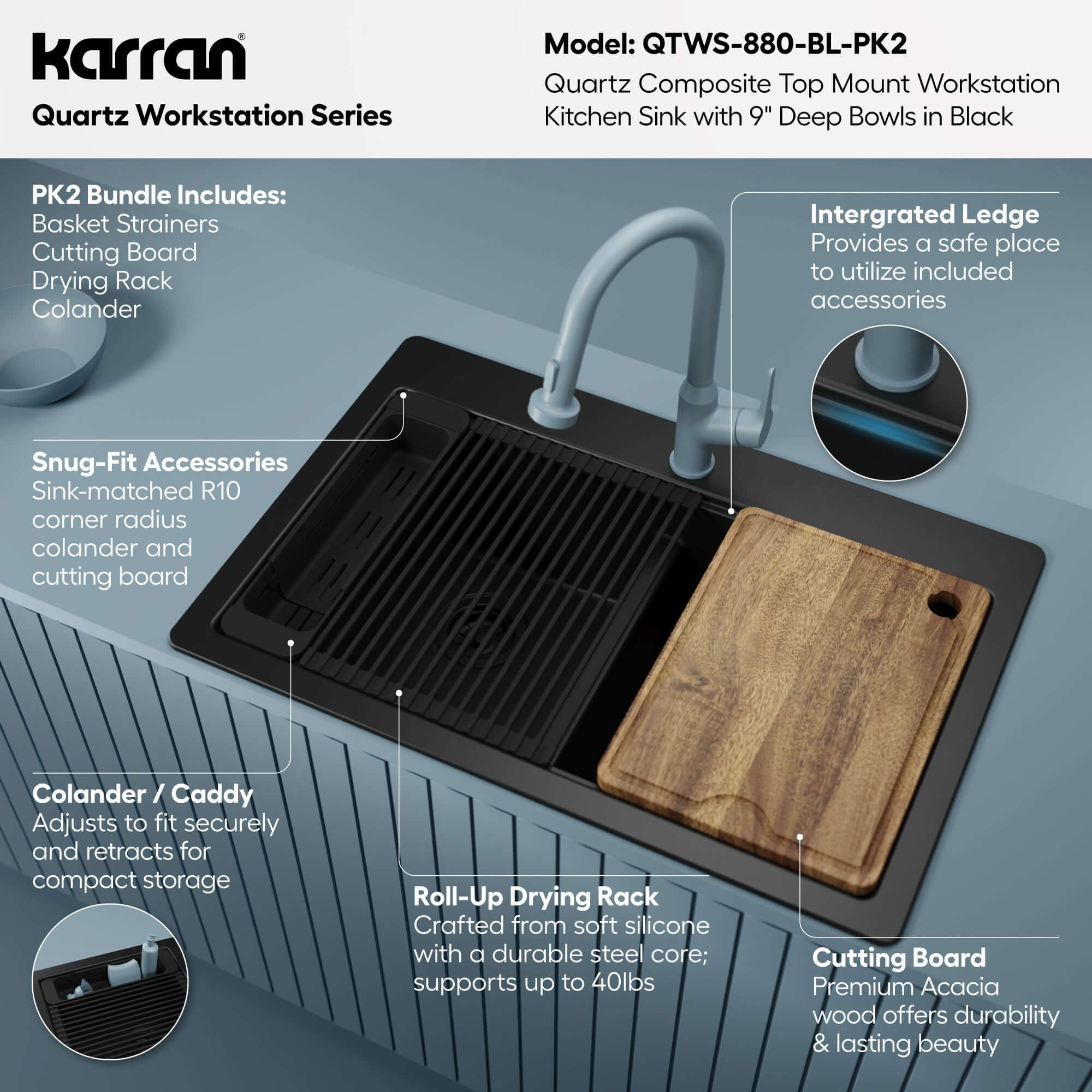Karran 33 quartz composite workstation kitchen sink 50/50 double bowl black informational image