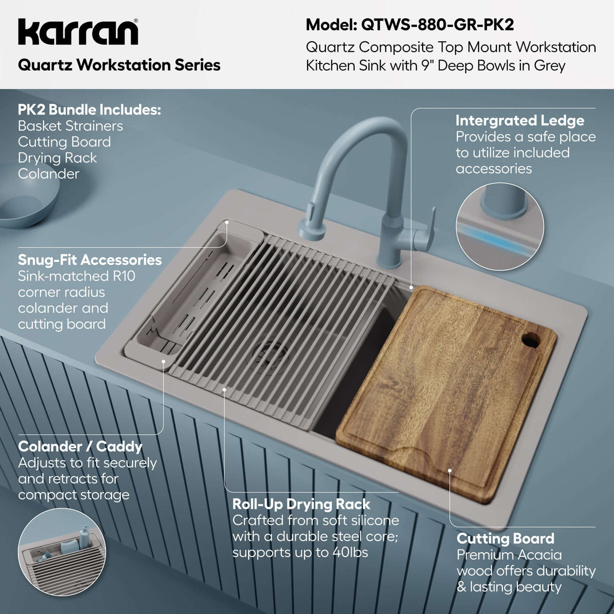 Karran 33 quartz composite workstation kitchen sink 50/50 double bowl grey informational image