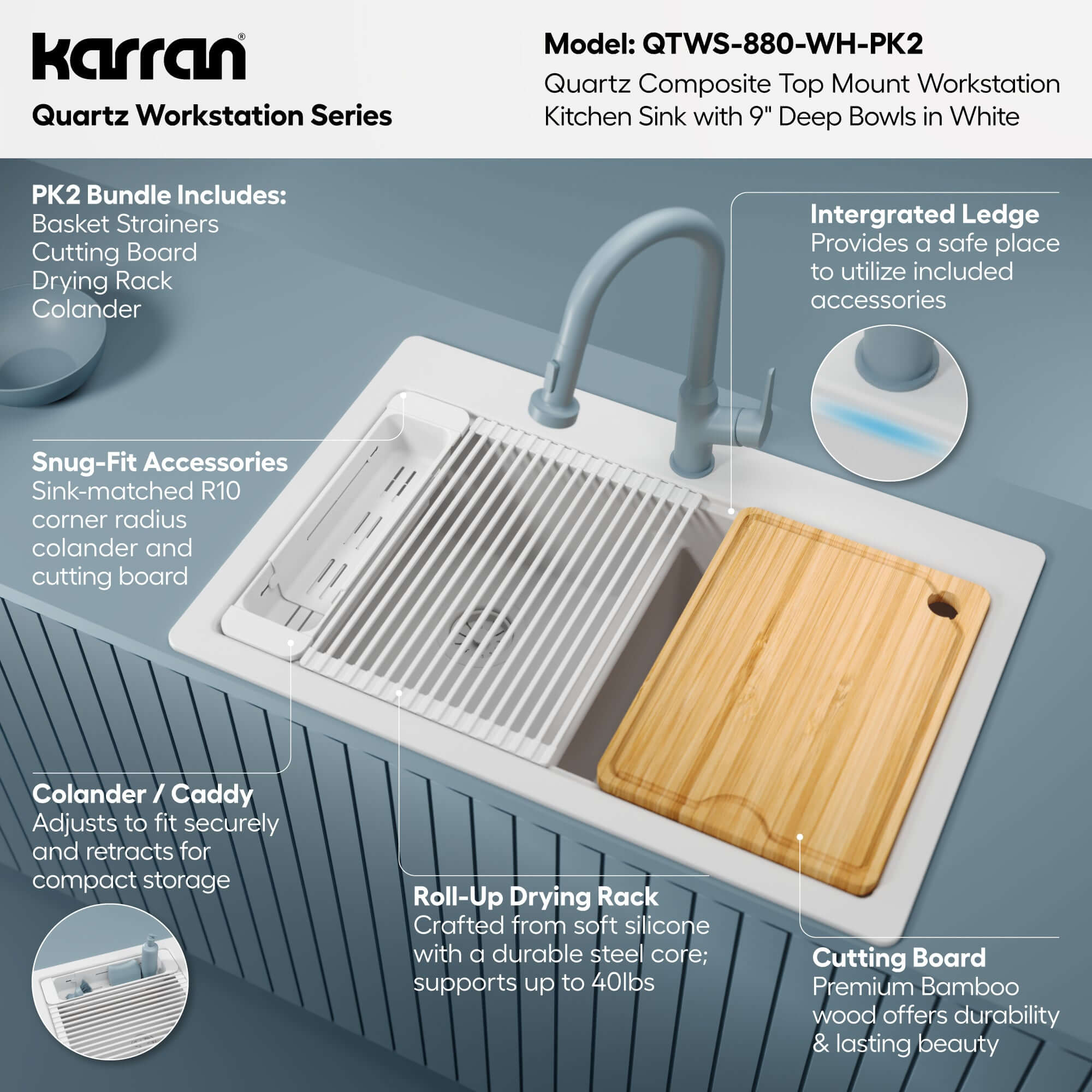 Karran 33 quartz composite workstation kitchen sink 50/50 double bowl white informational image