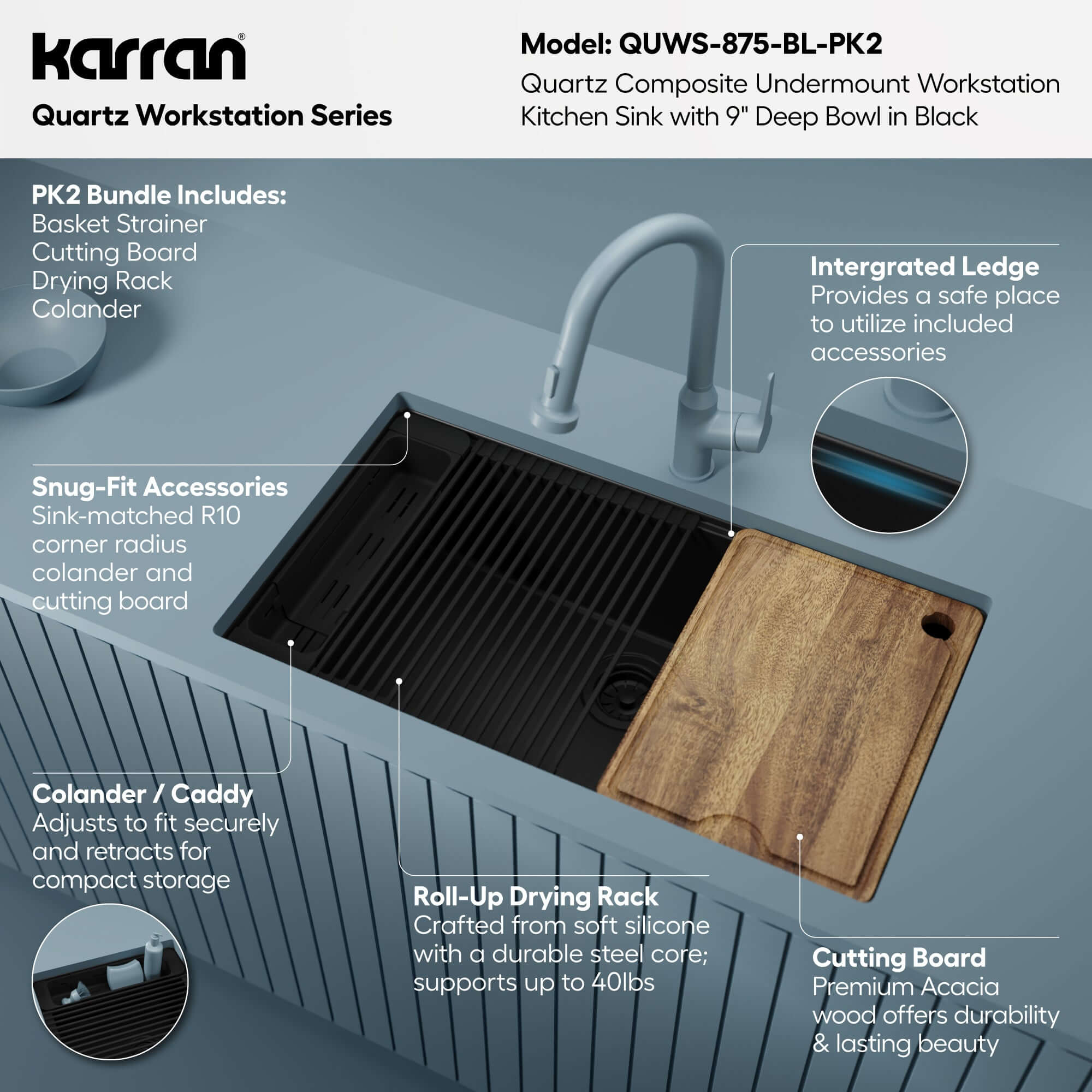 Karran 32 quartz composite workstation kitchen sink black informational image