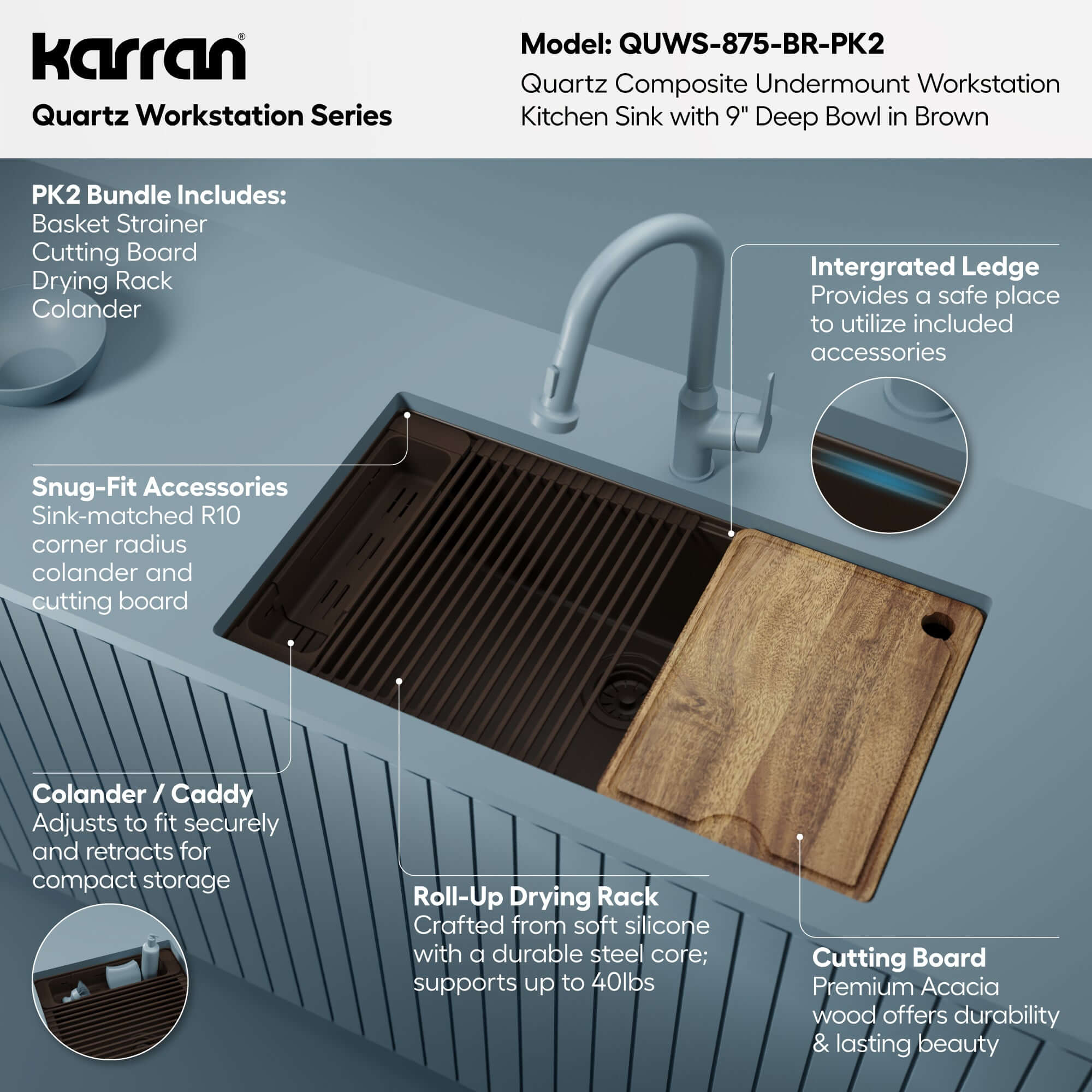 Karran 32 quartz composite workstation kitchen sink brown informational image