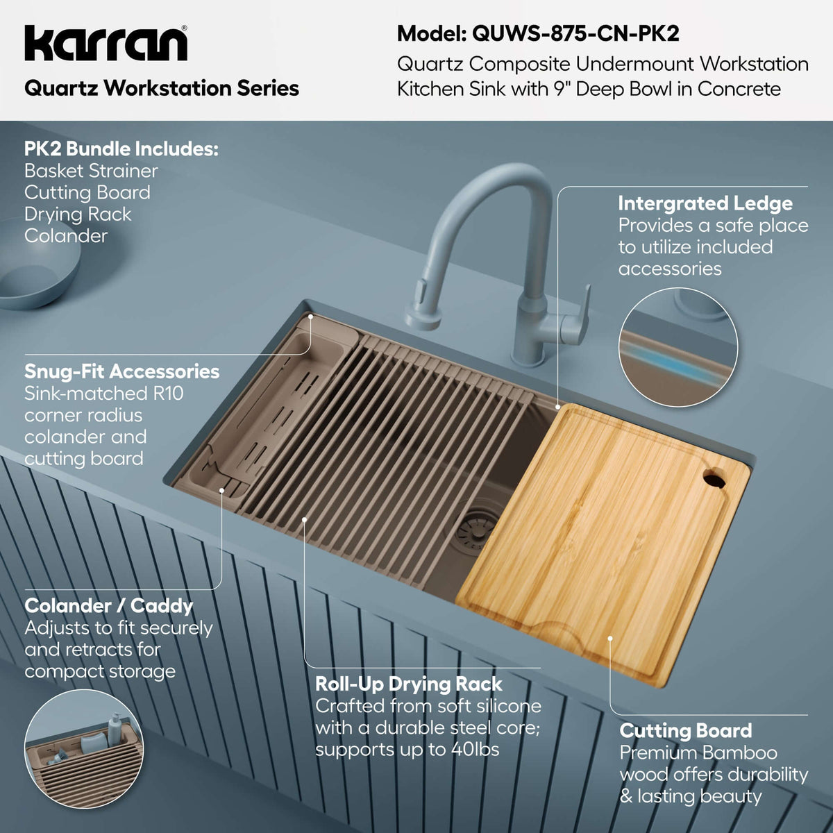 Karran 32 quartz composite workstation kitchen sink concrete informational image