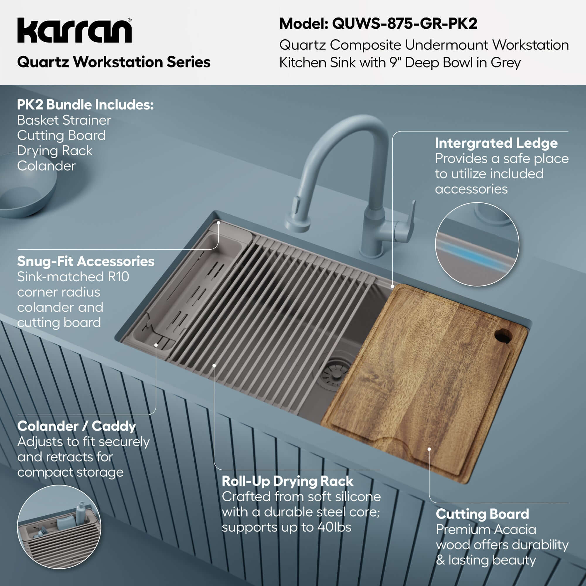 Karran 32 quartz composite workstation kitchen sink grey informational image