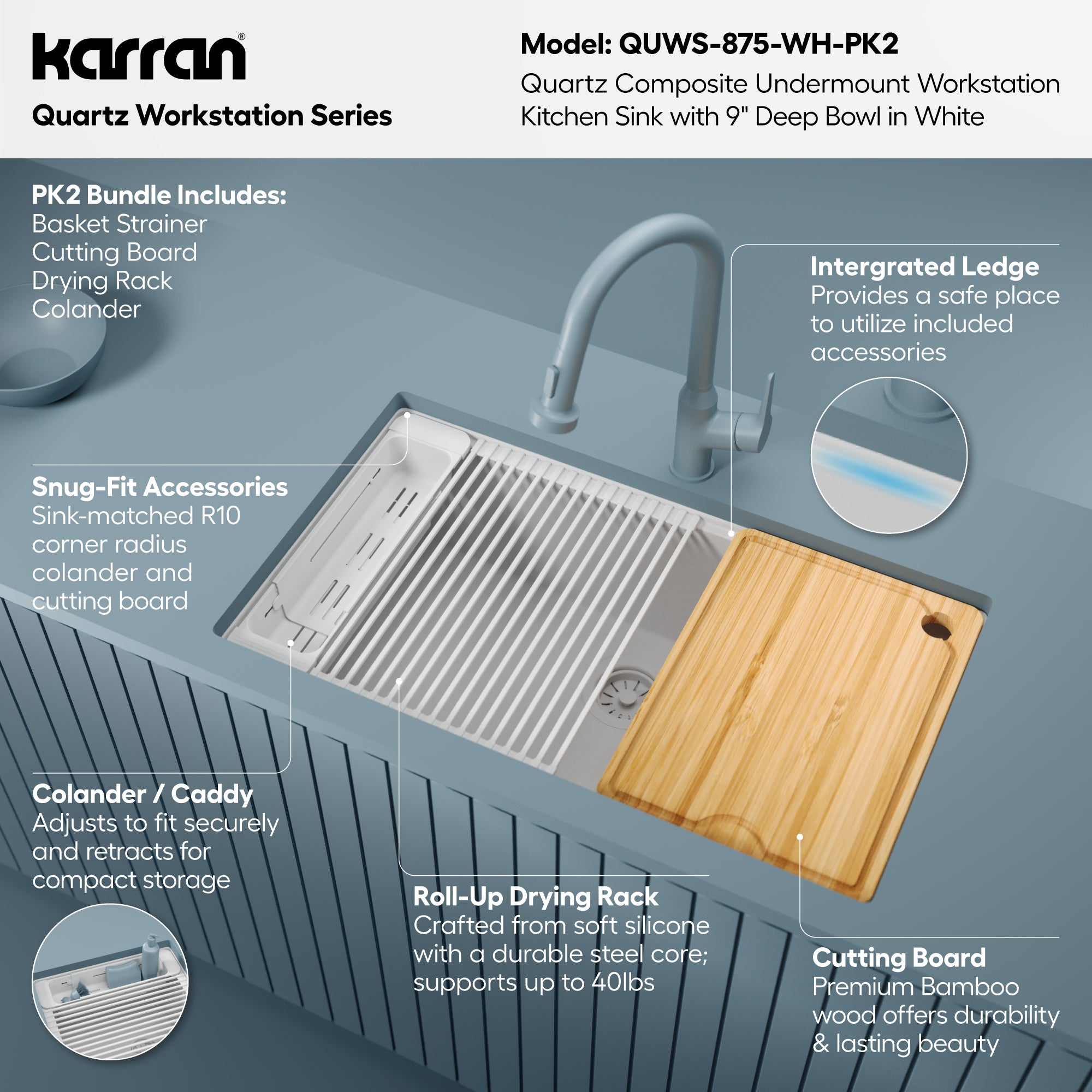 Karran 32 quartz composite workstation kitchen sink white informational image