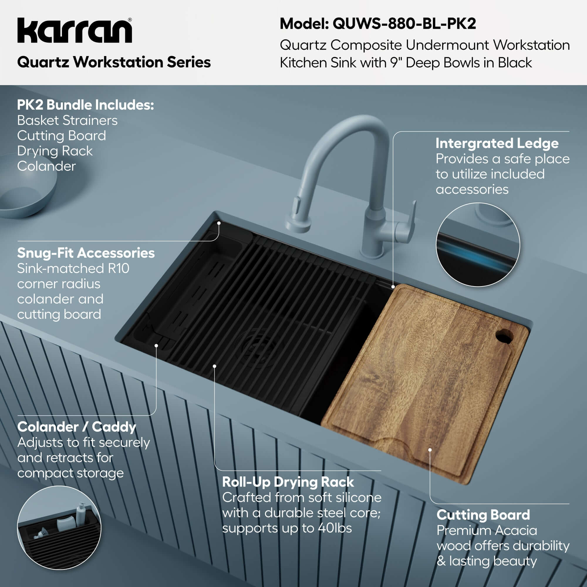 Karran 32 quartz composite workstation kitchen sink 50/50 double bowl black informational image