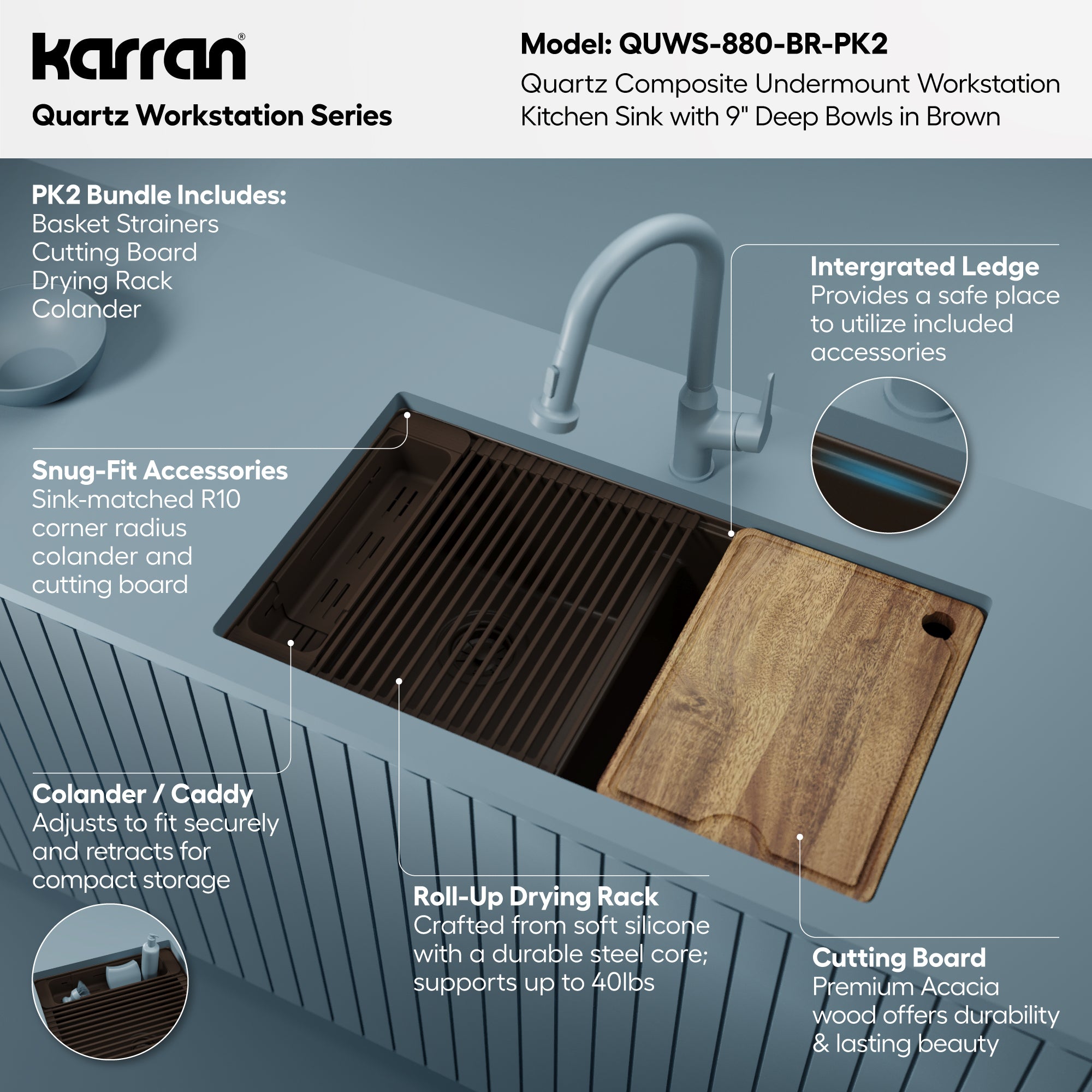 Karran 32 quartz composite workstation kitchen sink 50/50 double bowl brown informational image