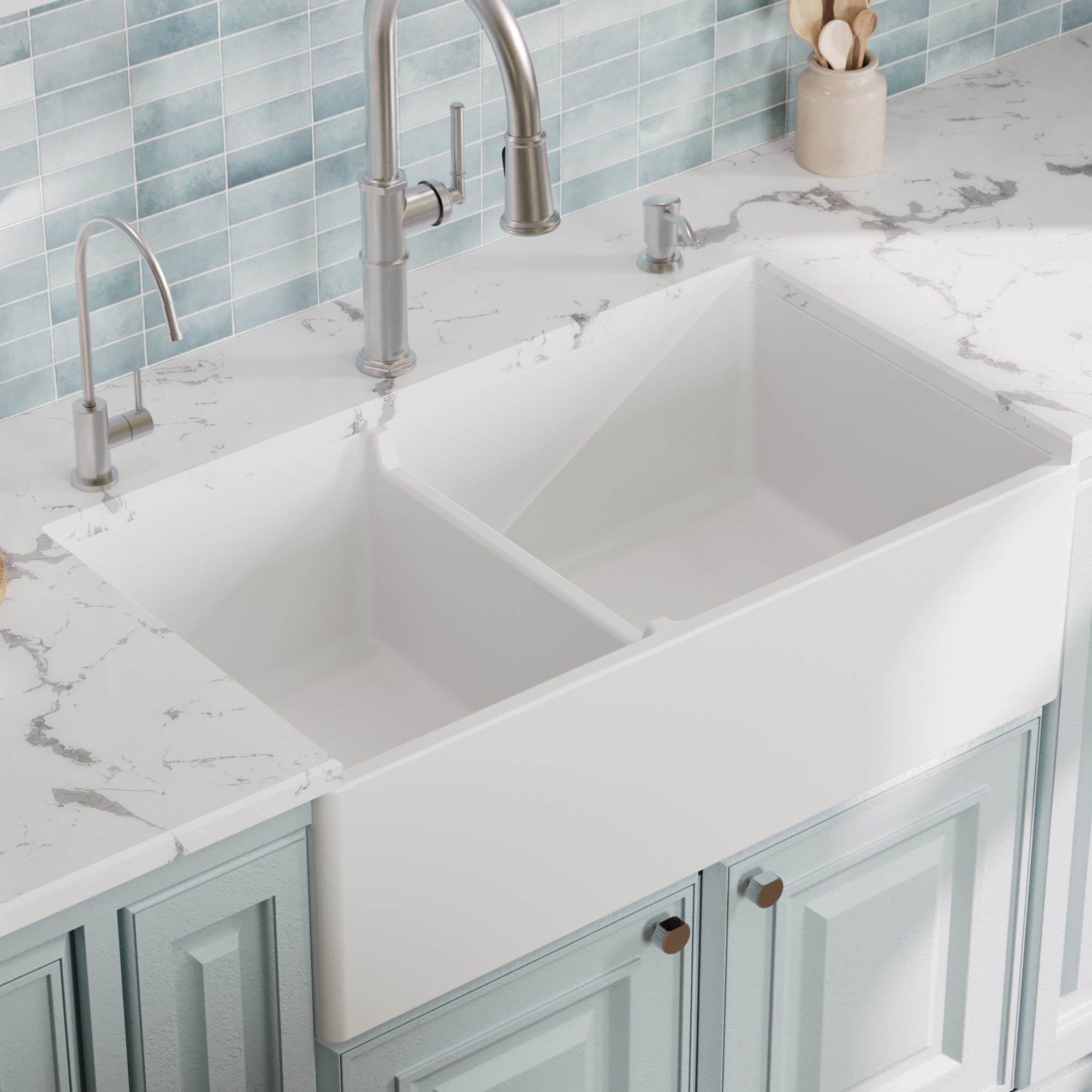 Alternative View of Karran Fireclay 33" Fireclay Farmhouse Sink with Accessories, 60/40 Double Bowl, White, FCP33DBWH