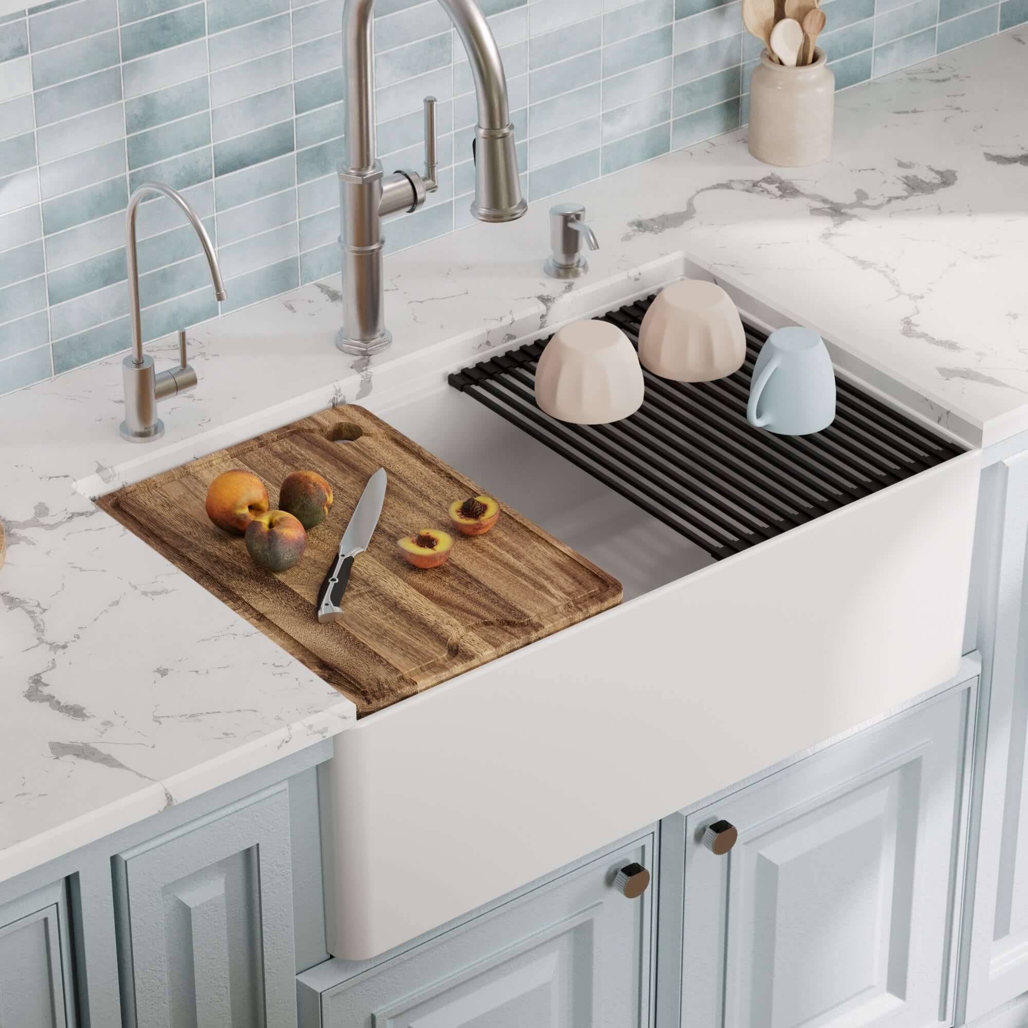 Alternative View of Karran Fireclay 30" Fireclay Workstation Farmhouse Sink with Accessories, White, FCWSF30SBWH-PK1