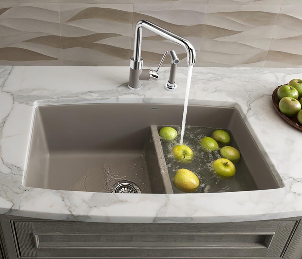 Blanco Performa 33" Undermount Granite Composite Kitchen Sink, Silgranit, 60/40 Double Bowl, Truffle, 441315
