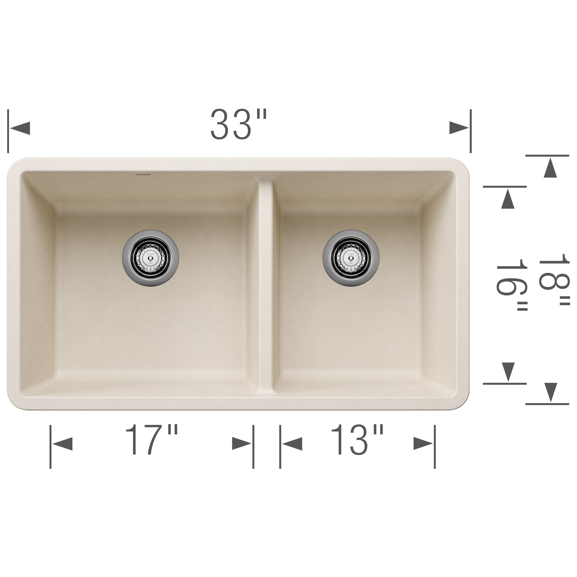Blanco Precis 33" Undermount Granite Composite Kitchen Sink, Silgranit, 60/40 Double Bowl, Soft White, 443081