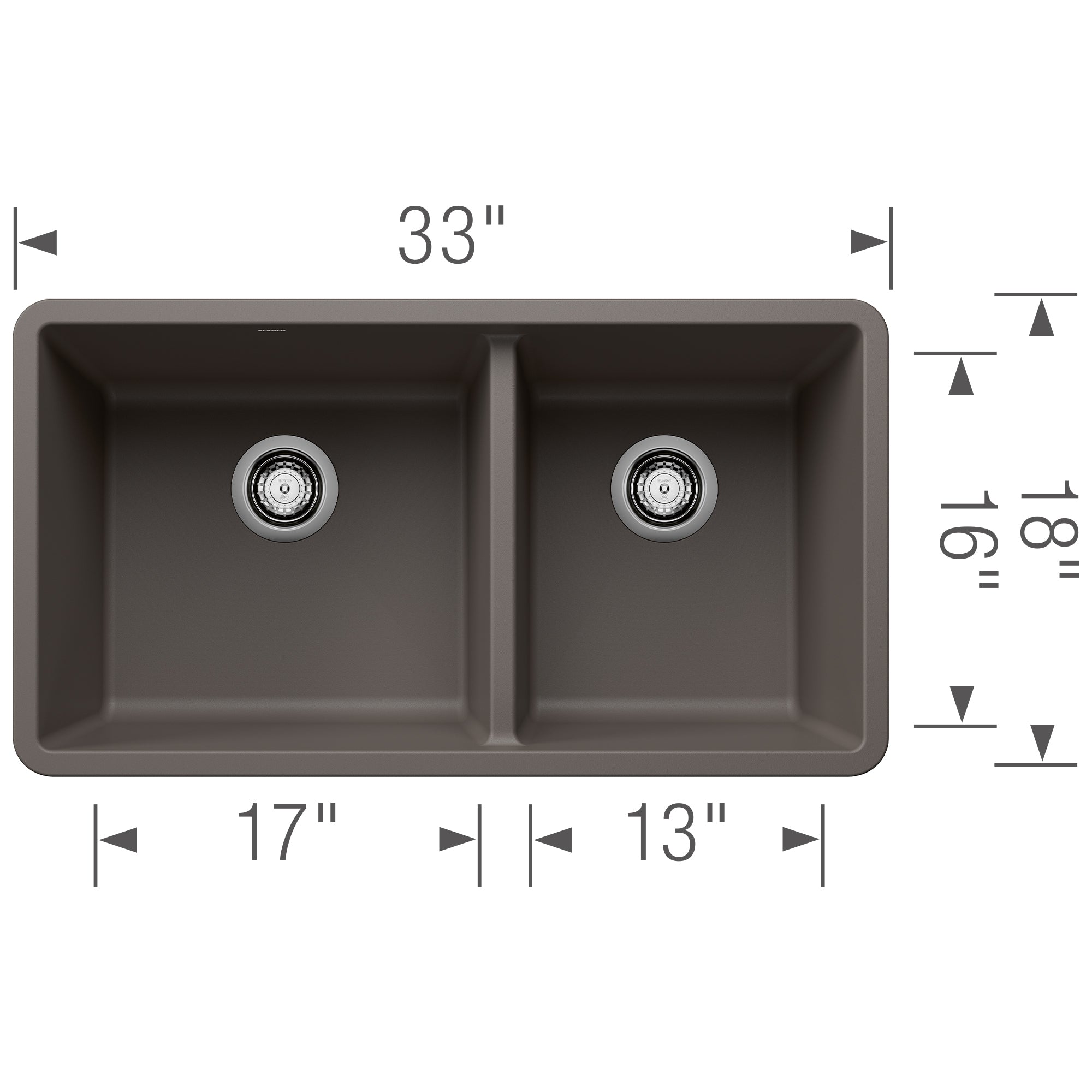 Blanco Precis 33" Undermount Granite Composite Kitchen Sink, Silgranit, 60/40 Double Bowl, Volcano Gray, 443118