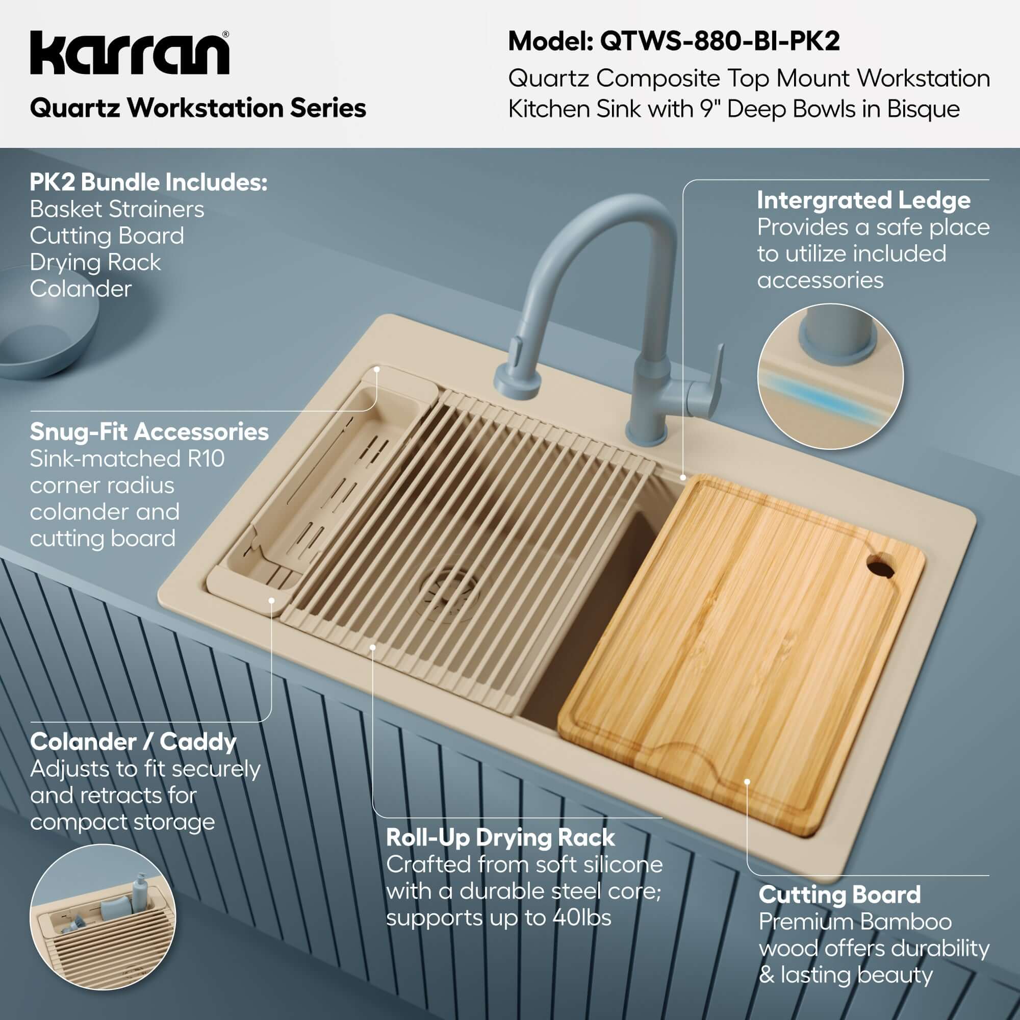 Karran 33 quartz composite workstation kitchen sink 50/50 double bowl bisque informational image