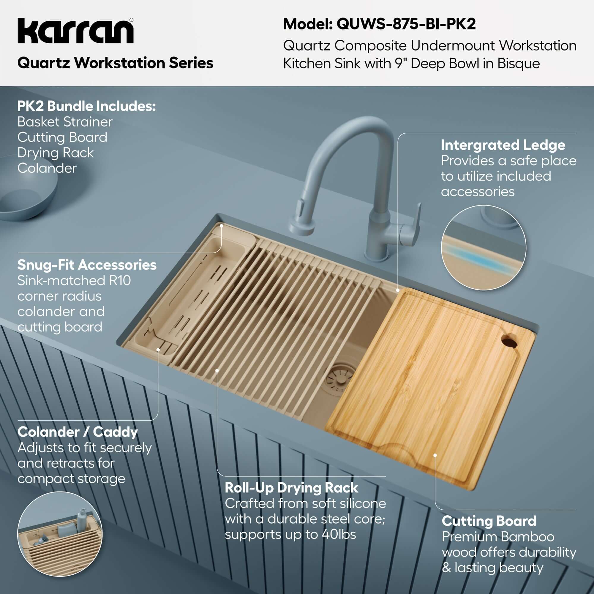 Karran 32 quartz composite workstation kitchen sink bisque informational image