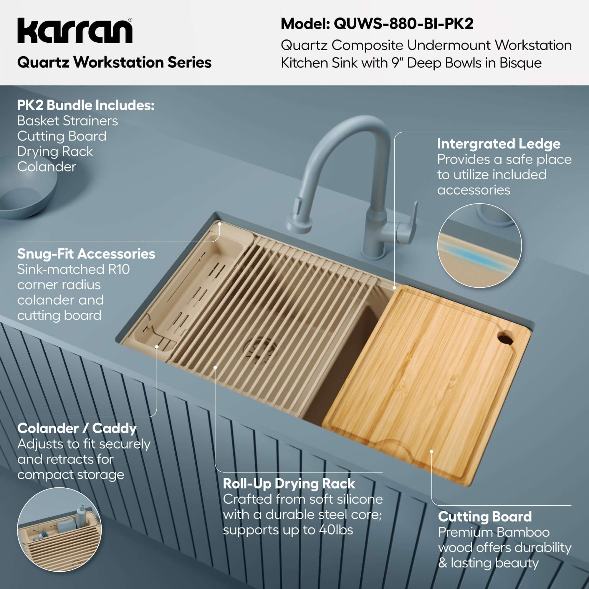 Karran 32 quartz composite workstation kitchen sink 50/50 double bowl bisque informational image