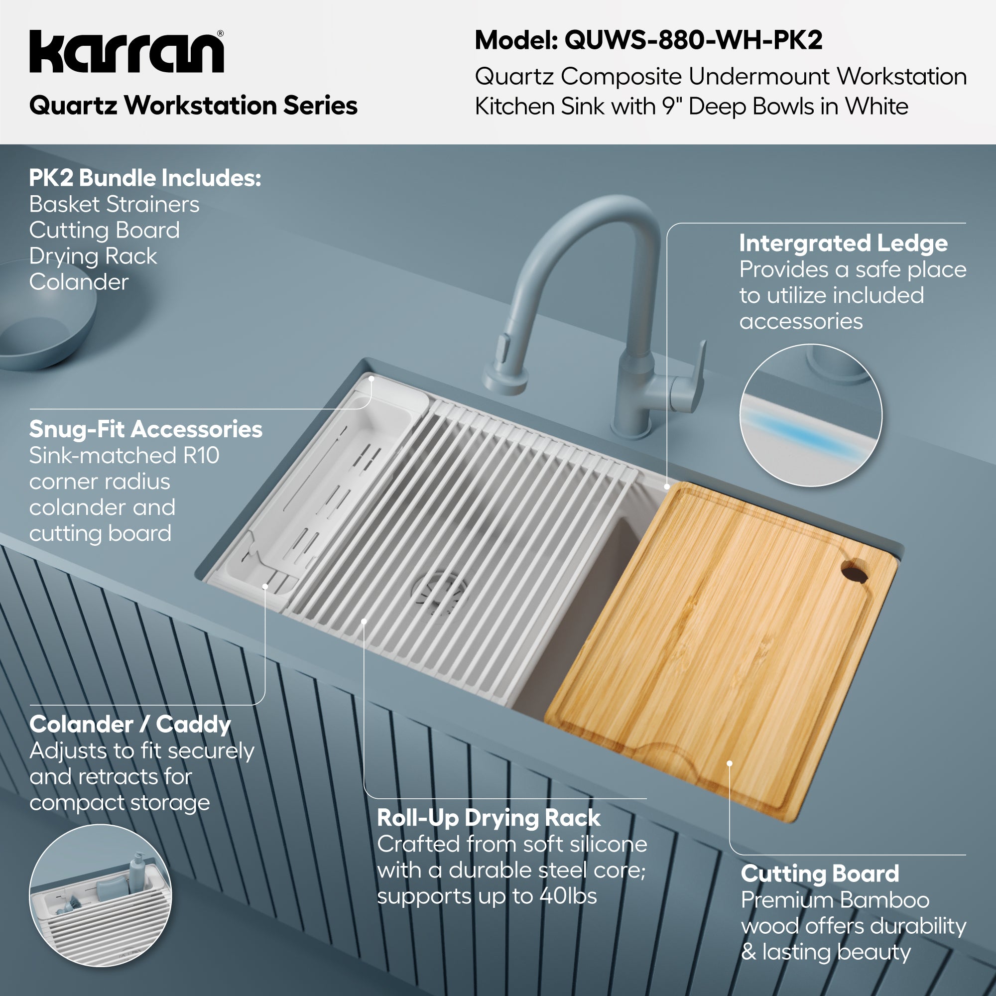 Karran 32 quartz composite workstation kitchen sink 50/50 double bowl white informational image