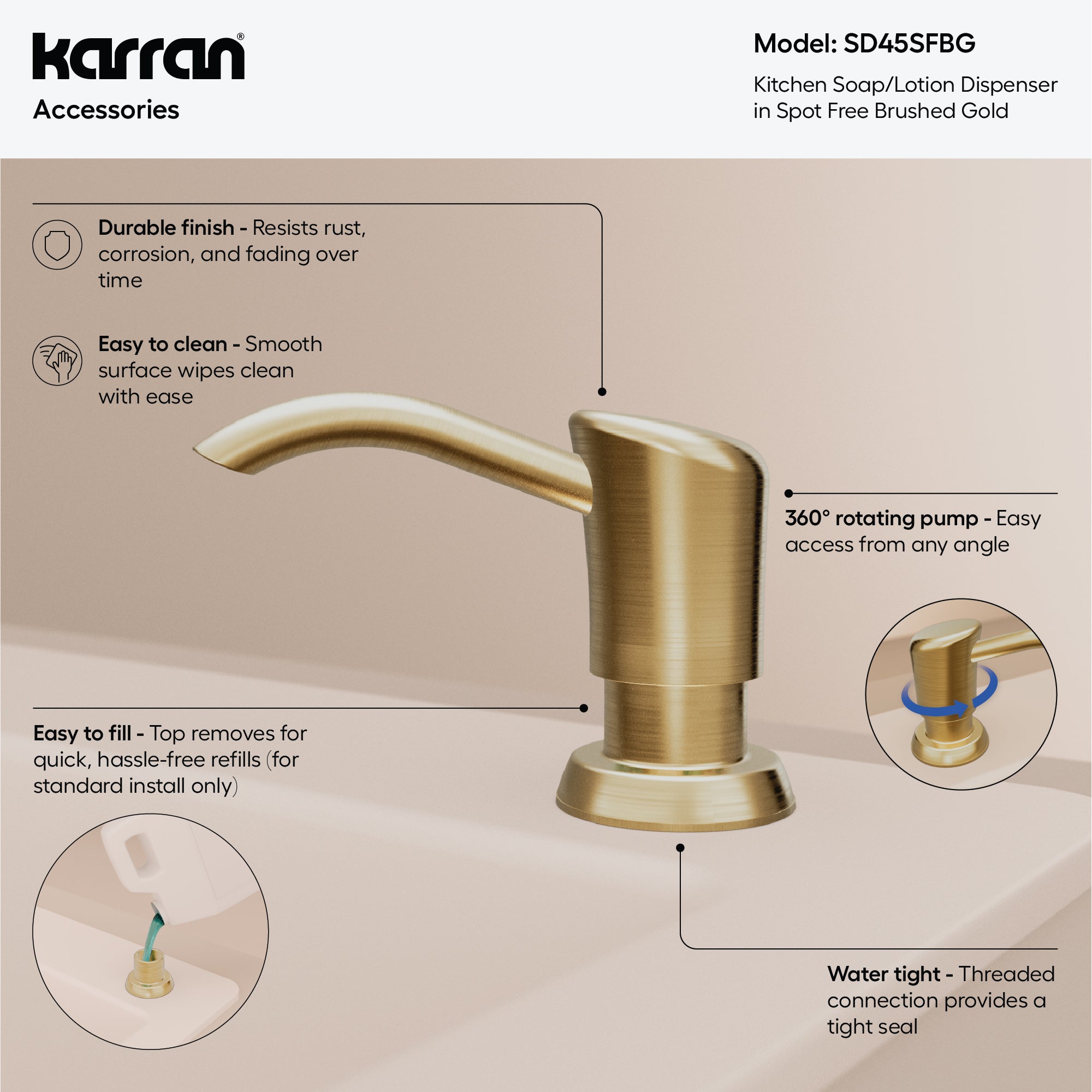 Karran SD45 Kitchen Soap/Lotion Dispenser in Spot Free Brushed Gold, Lead-free Brass, SD45SFBG