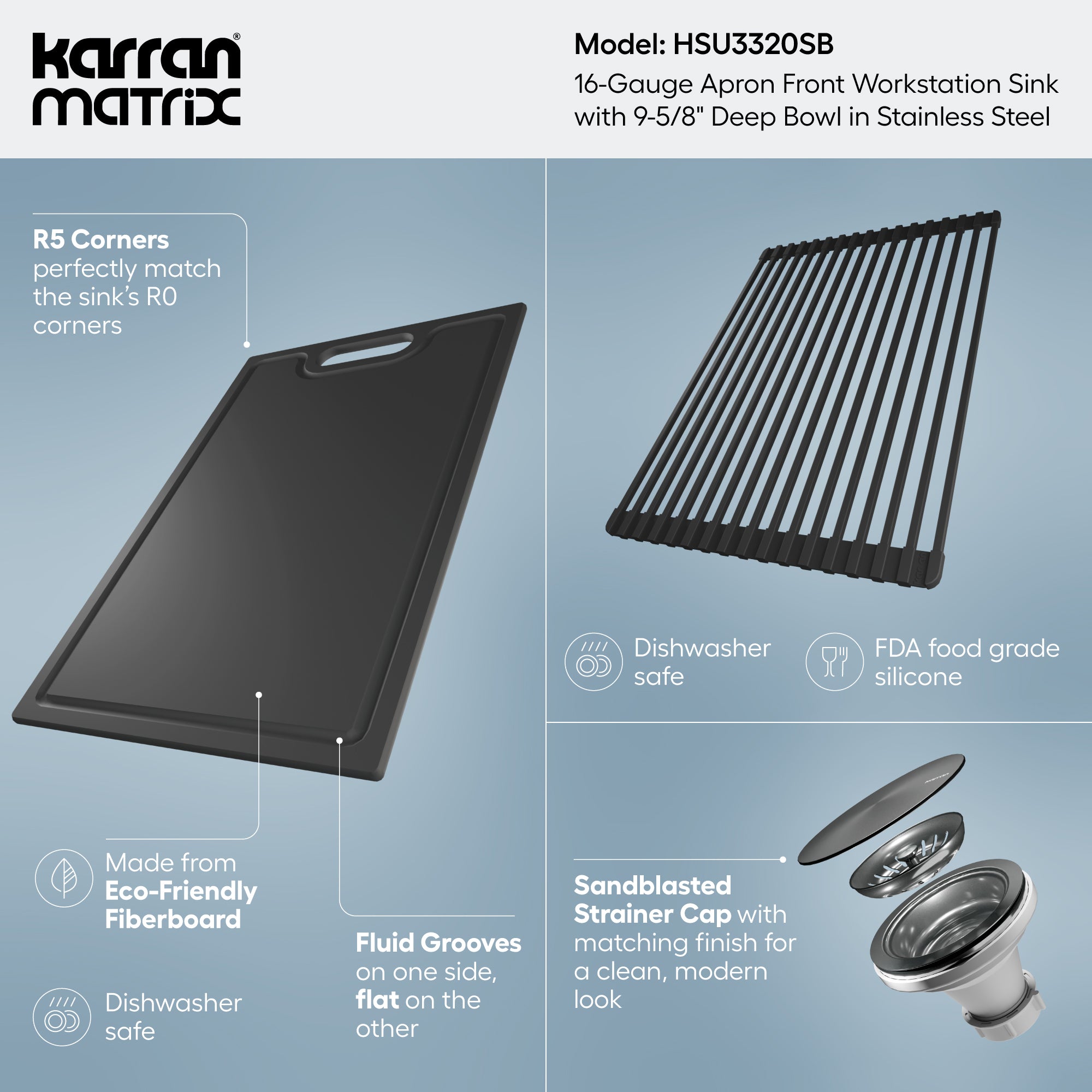 Karran 33 stainless steel workstation farmhouse sink informational image