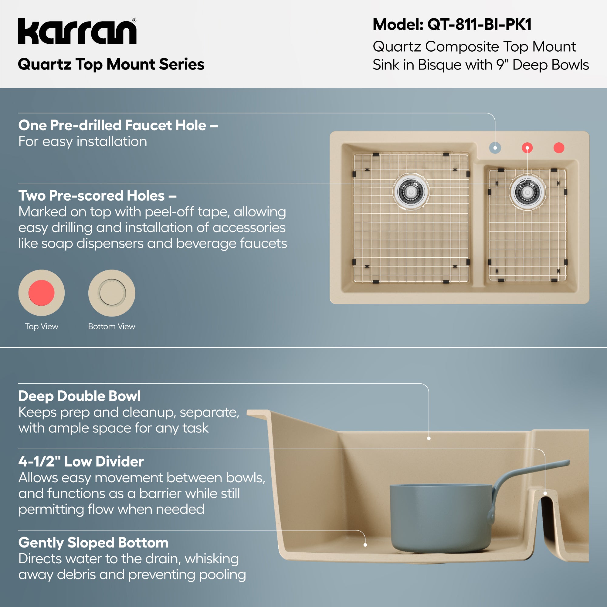 Alternative View of Karran 33" Drop In/Topmount Quartz Composite Kitchen Sink with Accessories, 60/40 Double Bowl, Bisque, QT-811-BI-PK1